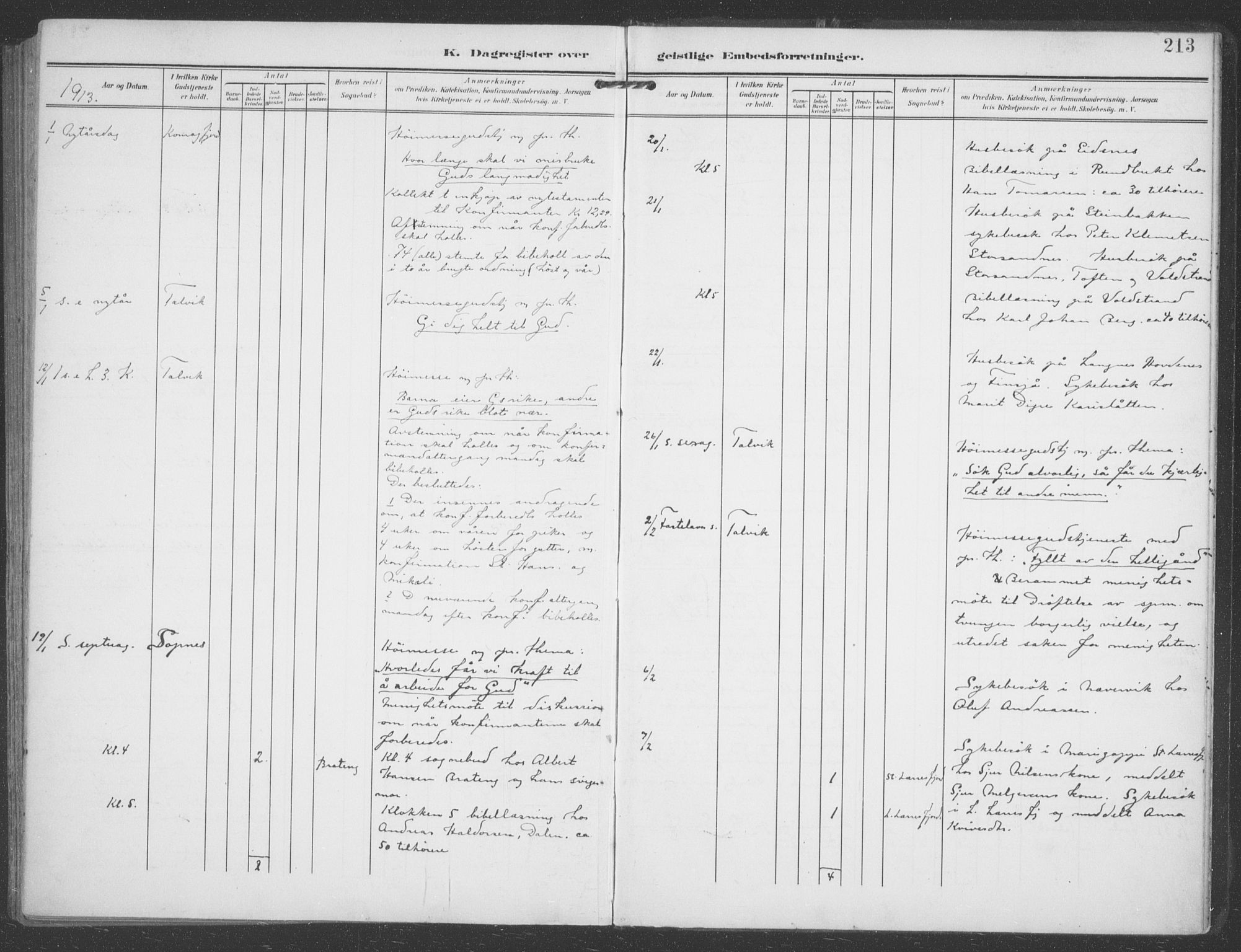 Talvik sokneprestkontor, AV/SATØ-S-1337/H/Ha/L0017kirke: Parish register (official) no. 17, 1906-1915, p. 213