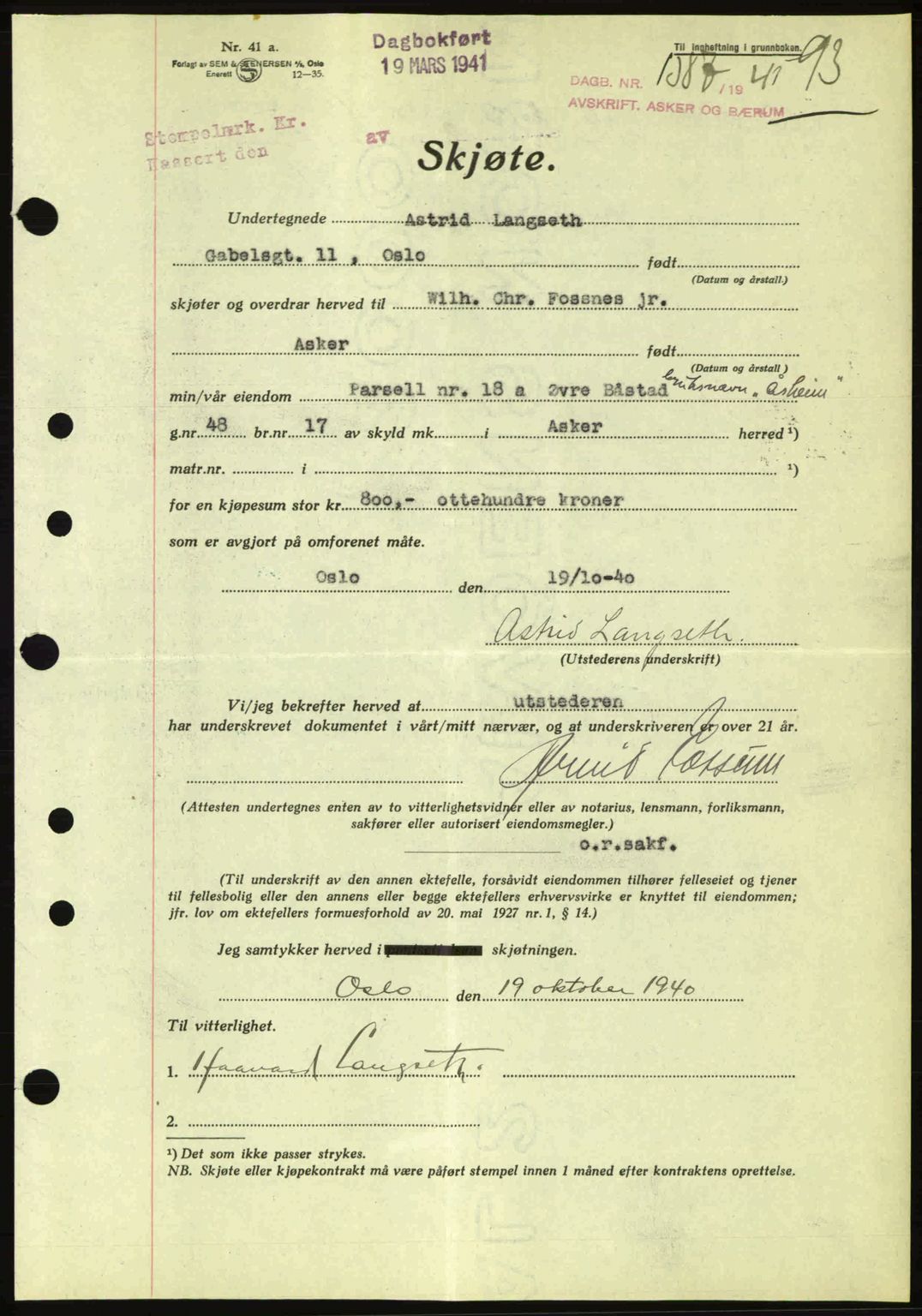 Aker herredsskriveri, AV/SAO-A-10896/G/Gb/Gbb/Gbbb/L0019: Mortgage book no. A65, 1941-1941, Diary no: : 1387/1941