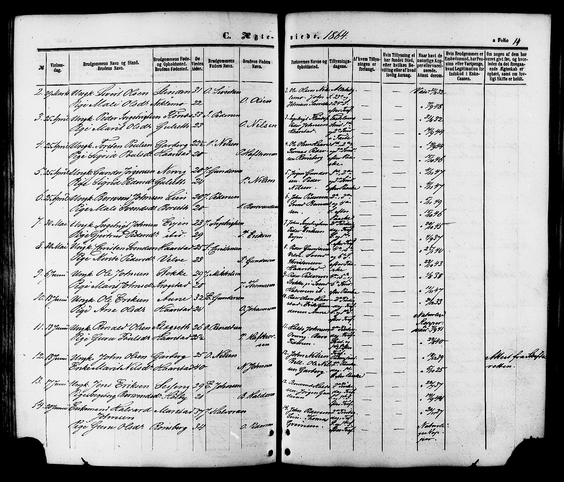 Ministerialprotokoller, klokkerbøker og fødselsregistre - Sør-Trøndelag, AV/SAT-A-1456/695/L1147: Parish register (official) no. 695A07, 1860-1877, p. 14