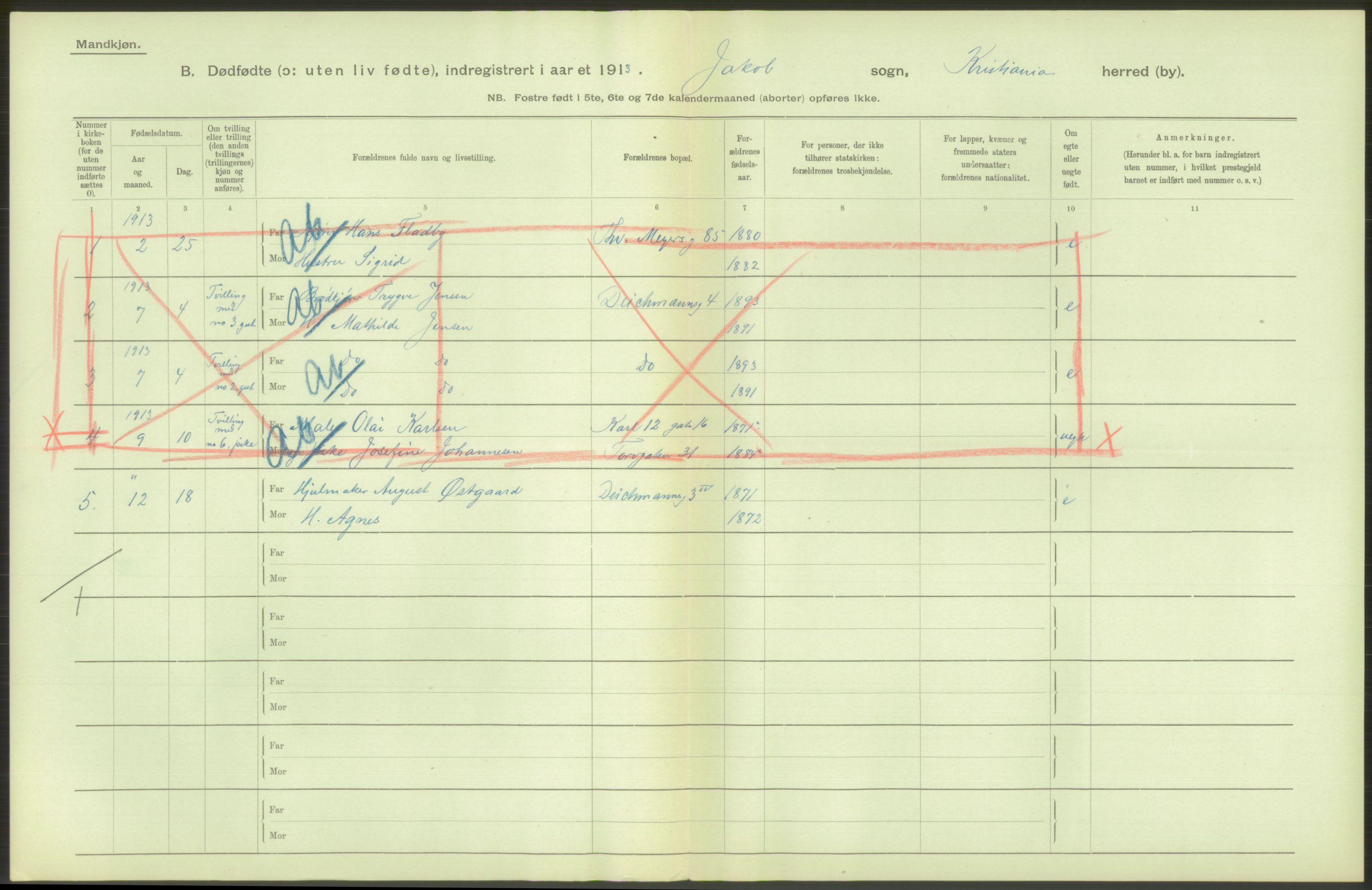 Statistisk sentralbyrå, Sosiodemografiske emner, Befolkning, RA/S-2228/D/Df/Dfb/Dfbc/L0010: Kristiania: Døde, dødfødte., 1913, p. 154