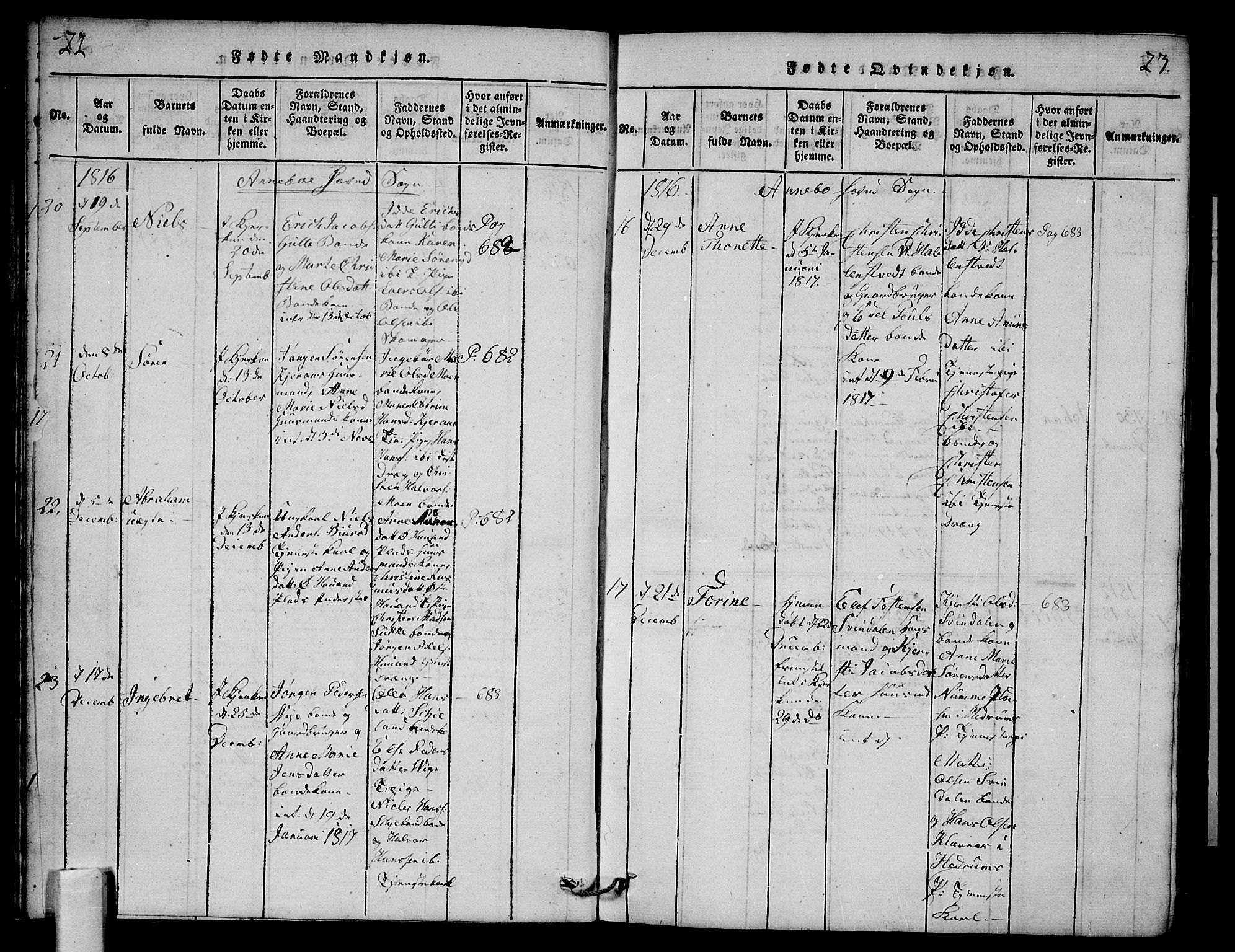 Andebu kirkebøker, AV/SAKO-A-336/G/Ga/L0001: Parish register (copy) no. I 1 /1, 1815-1823, p. 22-23