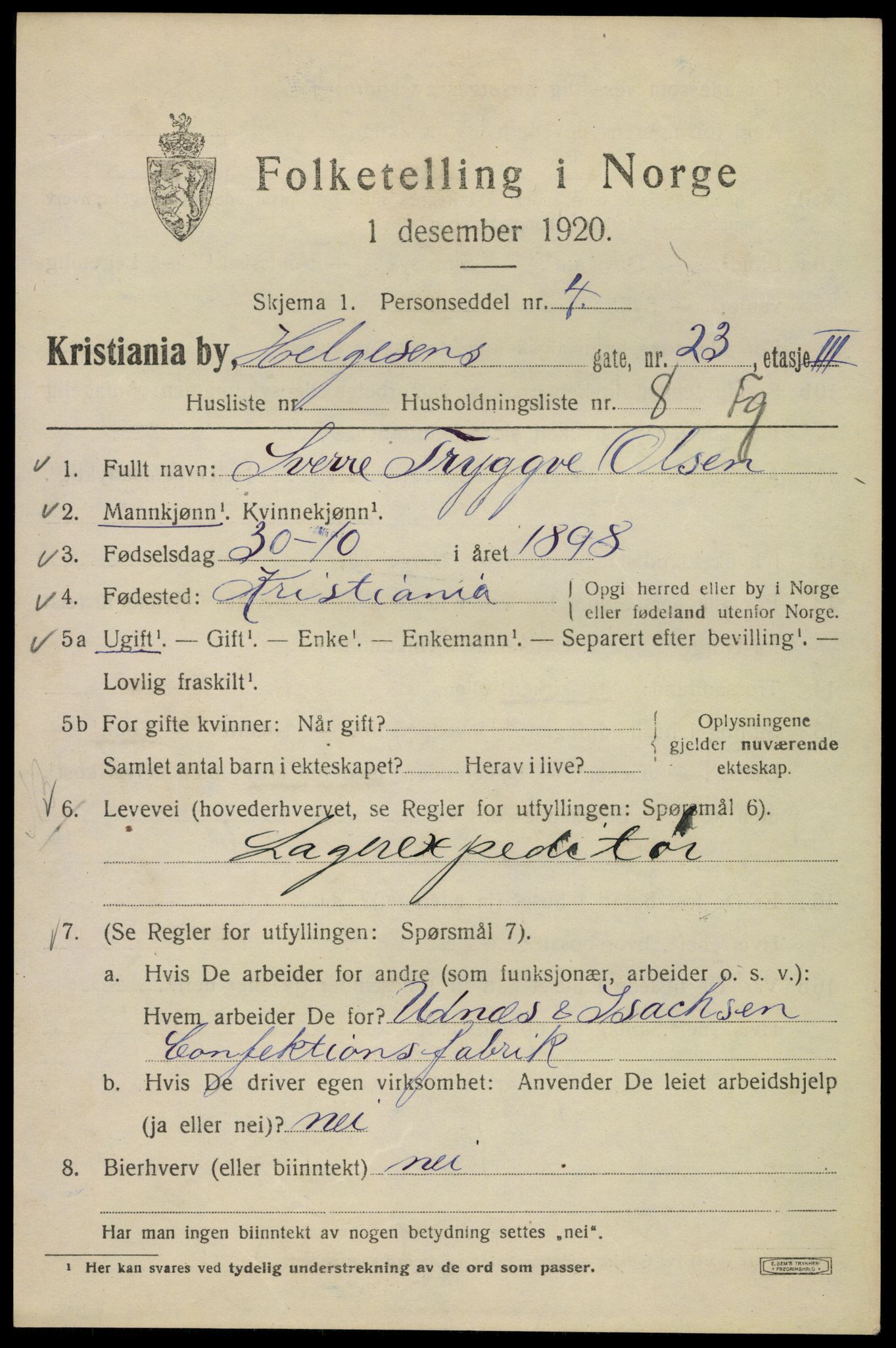 SAO, 1920 census for Kristiania, 1920, p. 284291