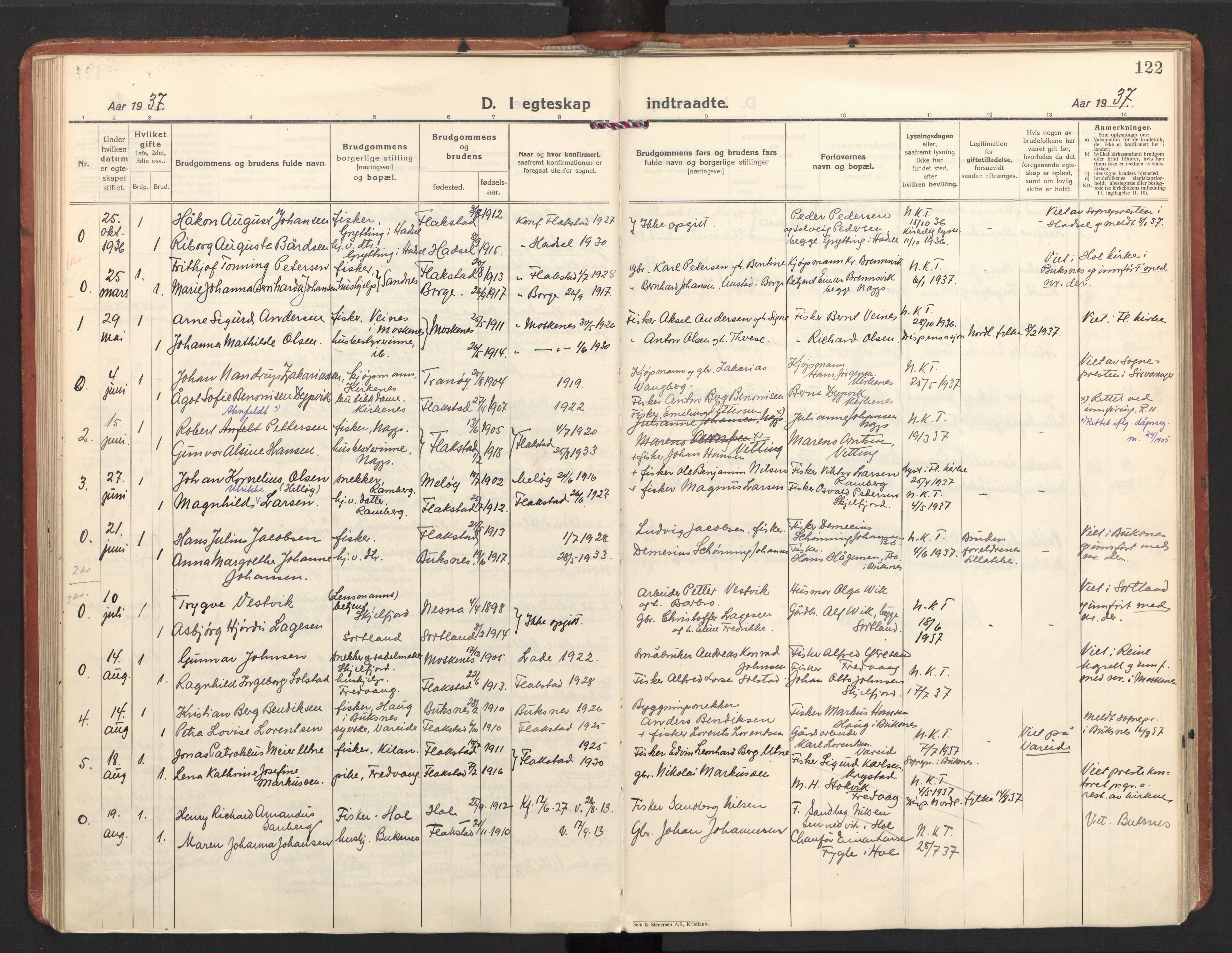 Ministerialprotokoller, klokkerbøker og fødselsregistre - Nordland, AV/SAT-A-1459/885/L1211: Parish register (official) no. 885A11, 1927-1938, p. 122