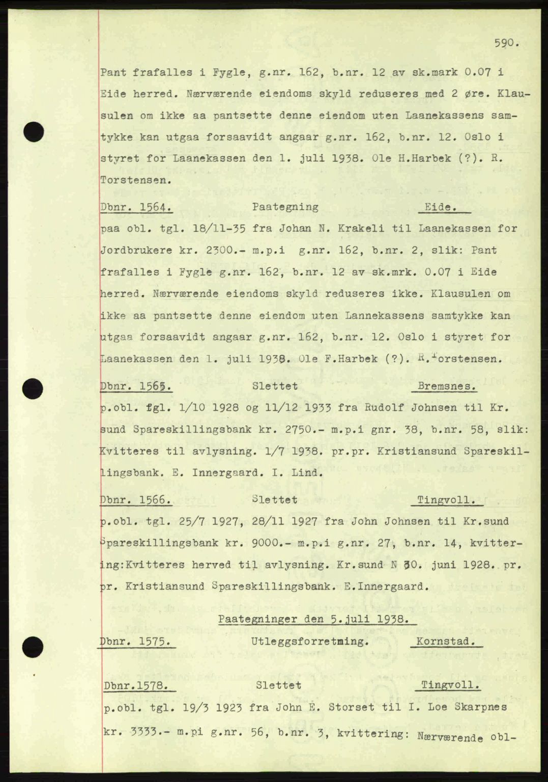 Nordmøre sorenskriveri, AV/SAT-A-4132/1/2/2Ca: Mortgage book no. C80, 1936-1939, Diary no: : 1564/1938