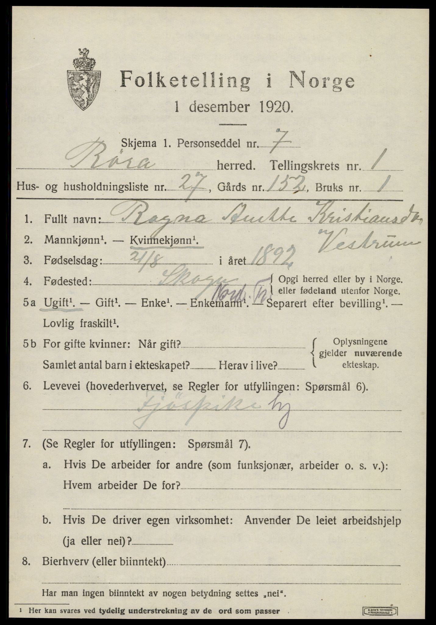 SAT, 1920 census for Røra, 1920, p. 695