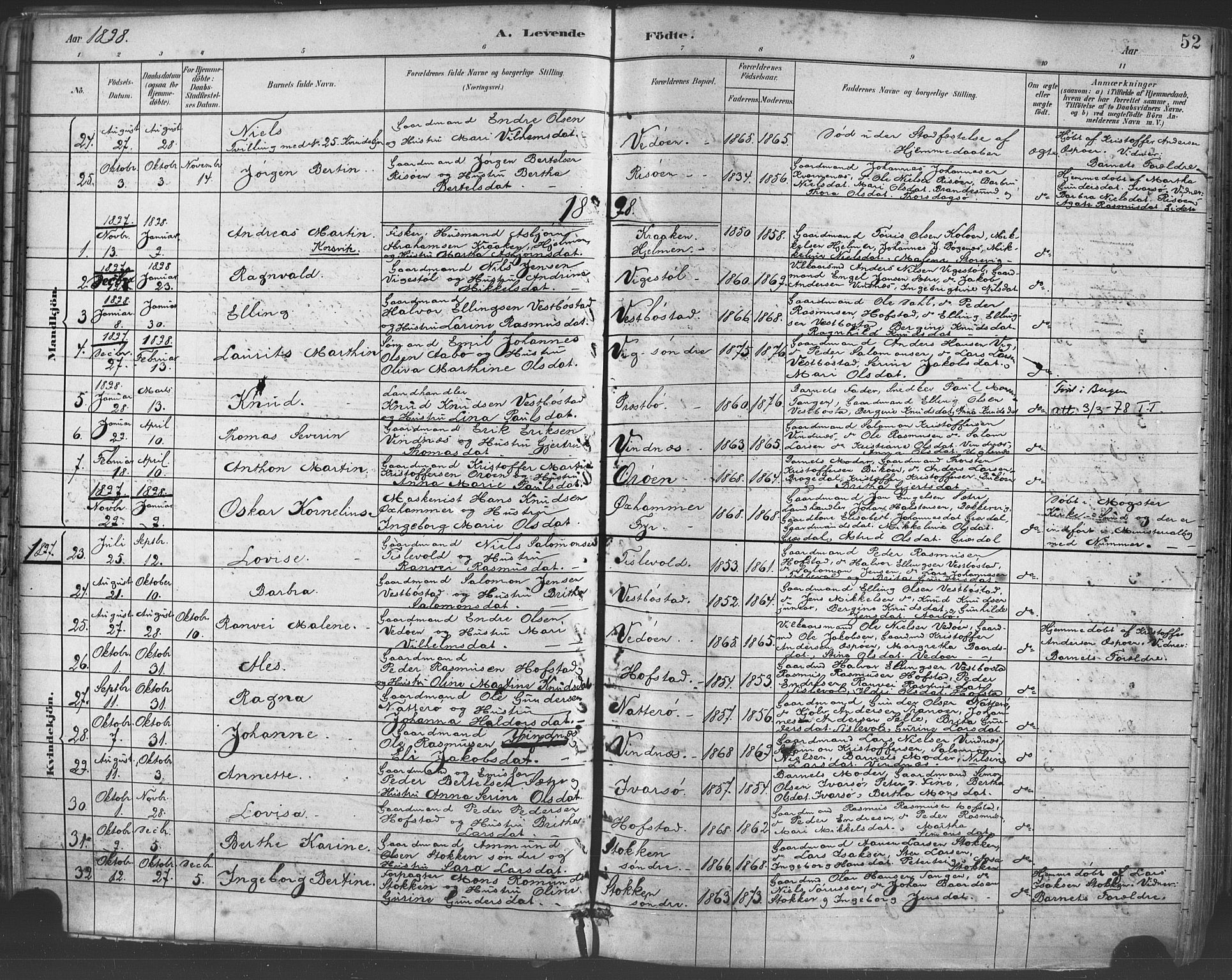 Fitjar sokneprestembete, AV/SAB-A-99926: Parish register (official) no. A 2, 1882-1899, p. 52