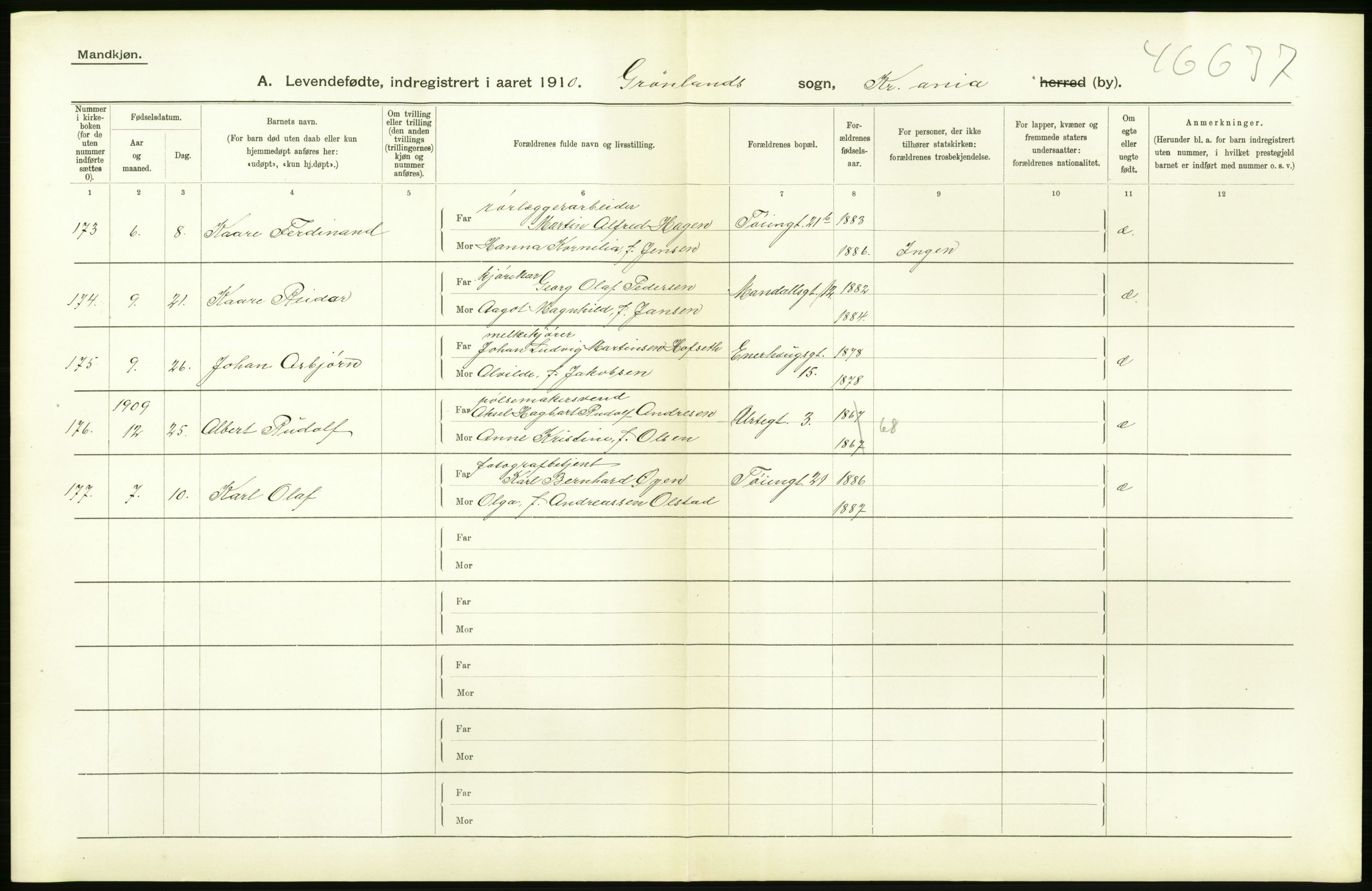 Statistisk sentralbyrå, Sosiodemografiske emner, Befolkning, RA/S-2228/D/Df/Dfa/Dfah/L0006: Kristiania: Levendefødte menn., 1910, p. 684