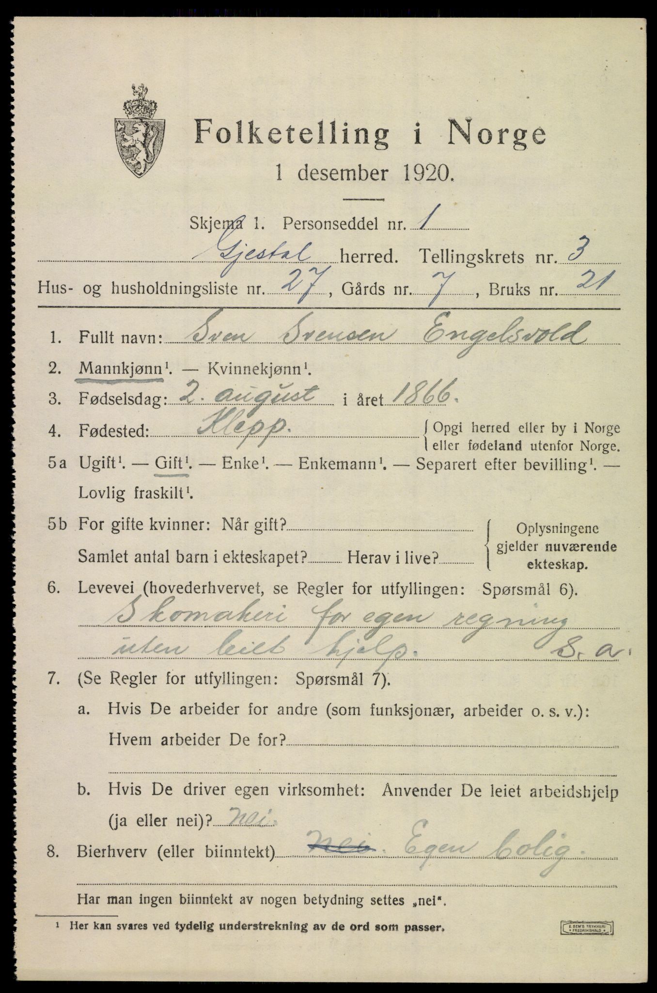 SAST, 1920 census for Gjesdal, 1920, p. 2518