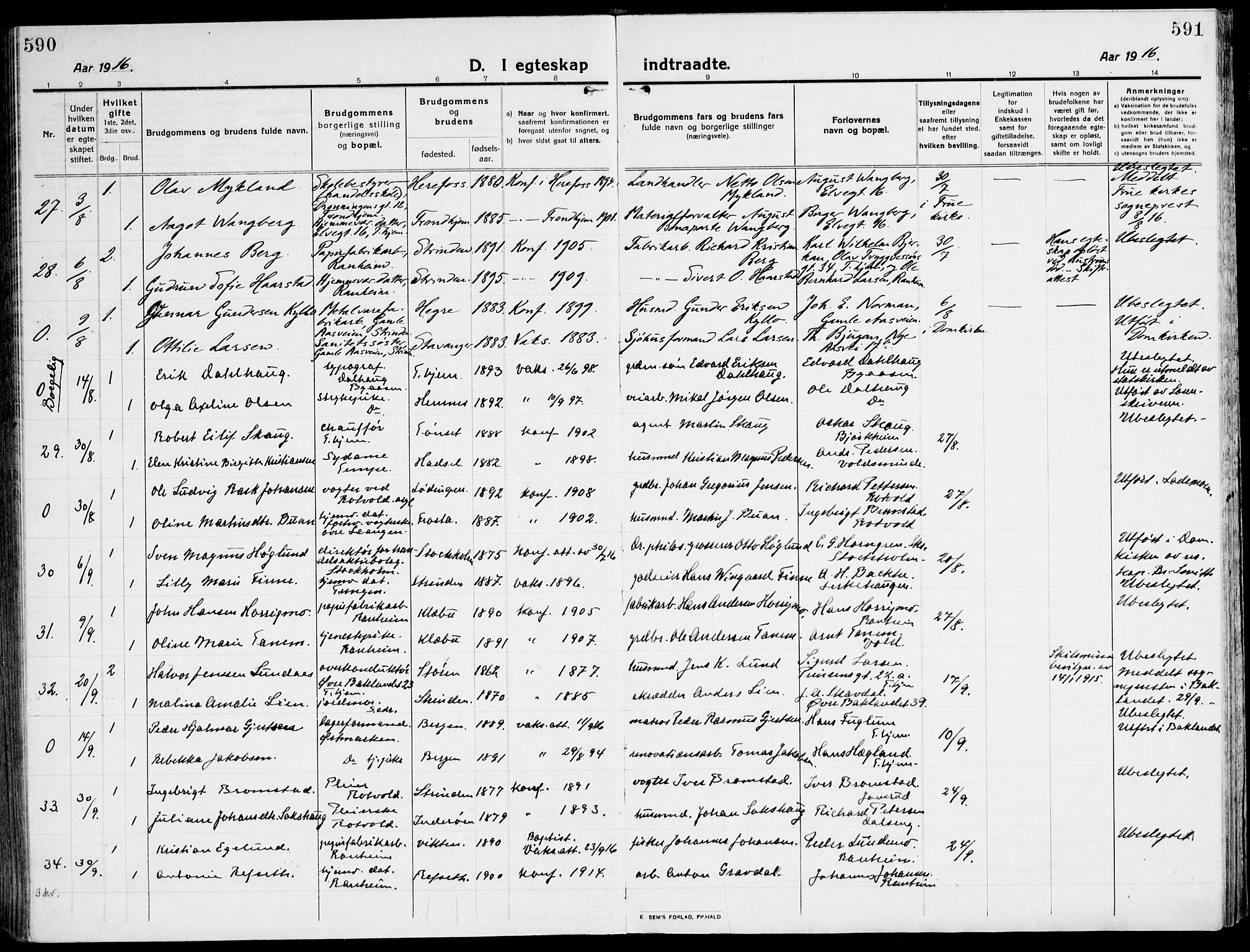 Ministerialprotokoller, klokkerbøker og fødselsregistre - Sør-Trøndelag, AV/SAT-A-1456/607/L0321: Parish register (official) no. 607A05, 1916-1935, p. 590-591