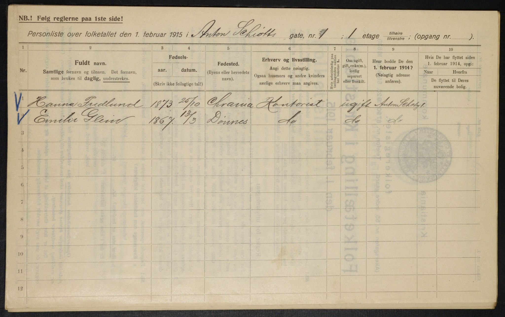 OBA, Municipal Census 1915 for Kristiania, 1915, p. 1288