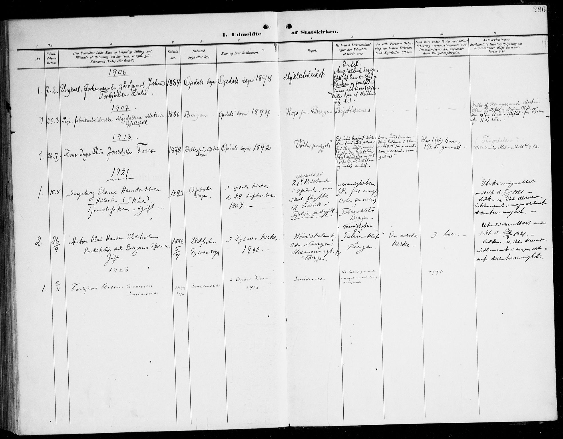 Tysnes sokneprestembete, AV/SAB-A-78601/H/Haa: Parish register (official) no. D 2, 1905-1922, p. 286