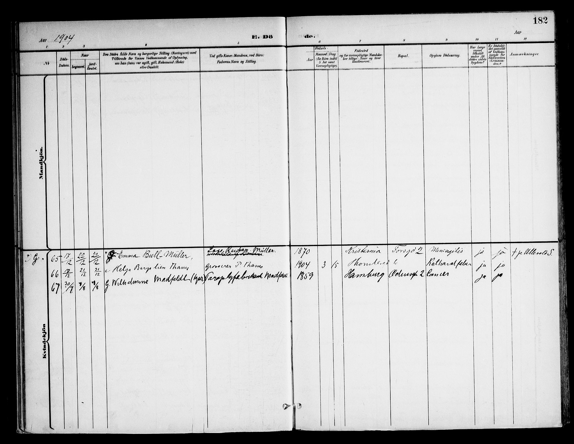 Frogner prestekontor Kirkebøker, SAO/A-10886/F/Fa/L0004: Parish register (official) no. 4, 1898-1921, p. 182