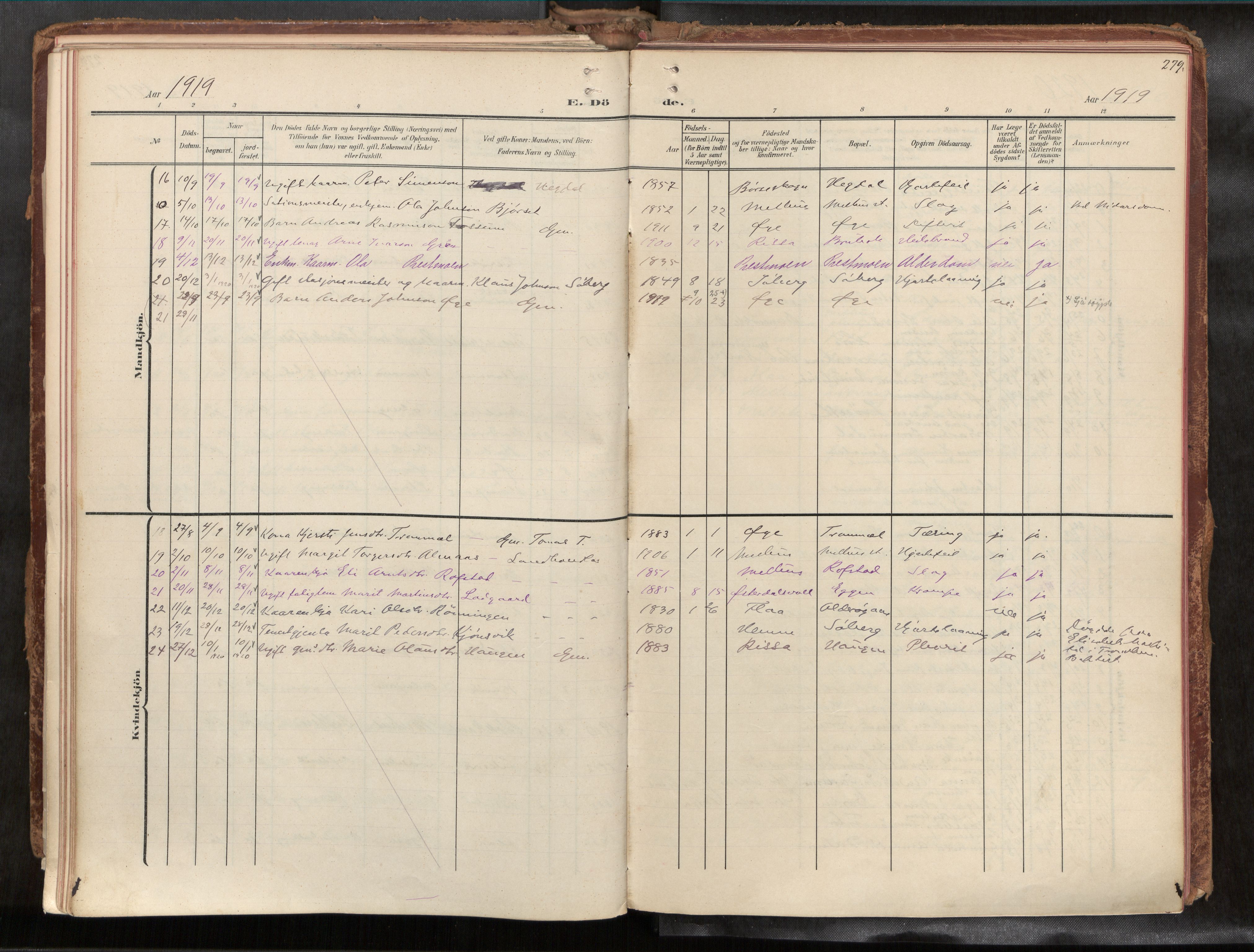 Ministerialprotokoller, klokkerbøker og fødselsregistre - Sør-Trøndelag, AV/SAT-A-1456/691/L1085b: Parish register (official) no. 691A18, 1908-1930, p. 279