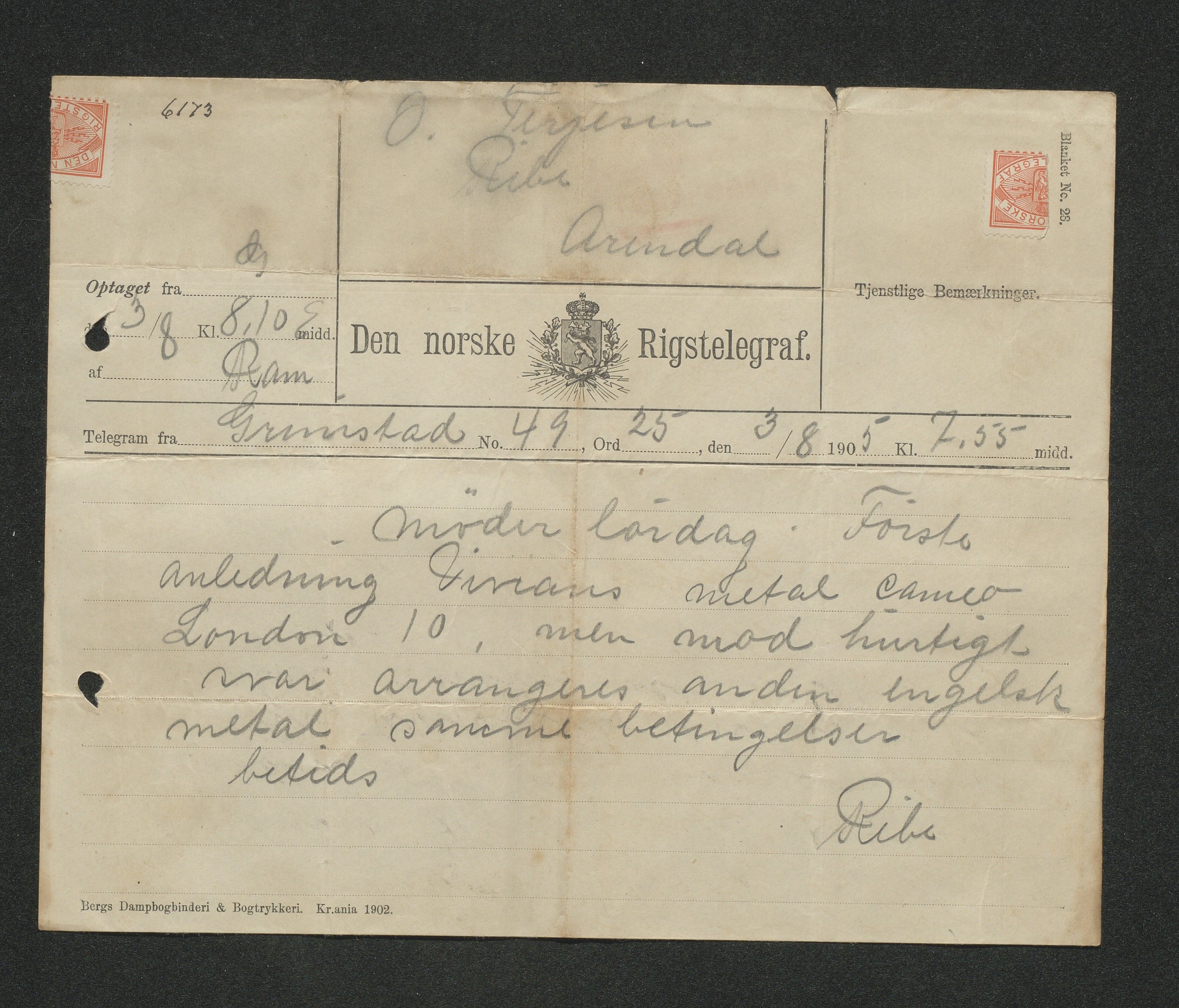 O. Terjesens rederi, AAKS/PA-2525/E/E01/L0013: Korrespondanse, 1904-1905