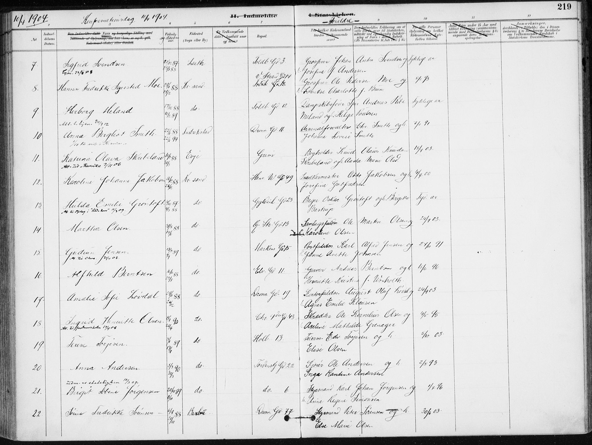 Kristiansand domprosti, SAK/1112-0006/F/Fa/L0020: Parish register (official) no. A 19, 1893-1904, p. 219