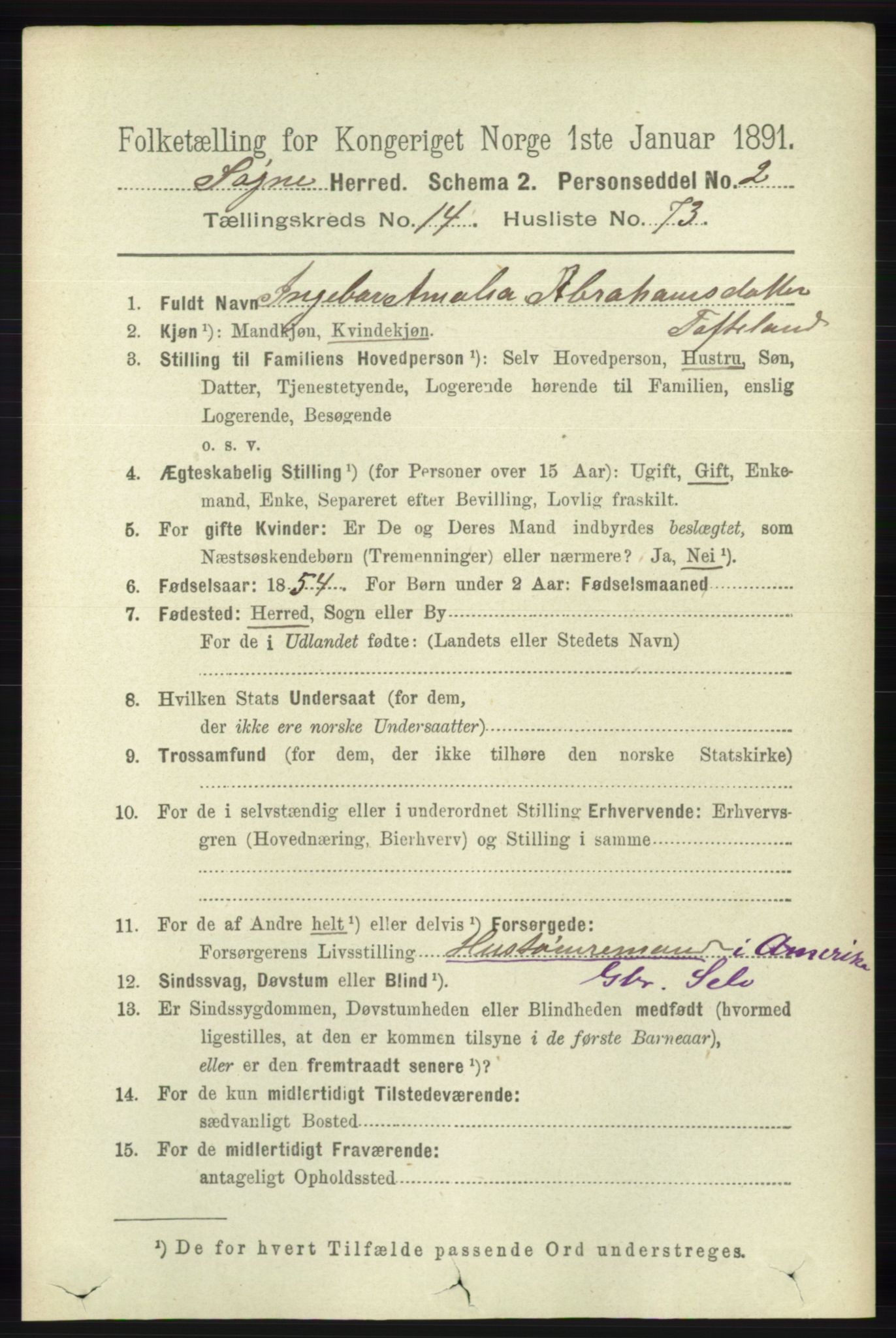 RA, 1891 census for 1018 Søgne, 1891, p. 3783