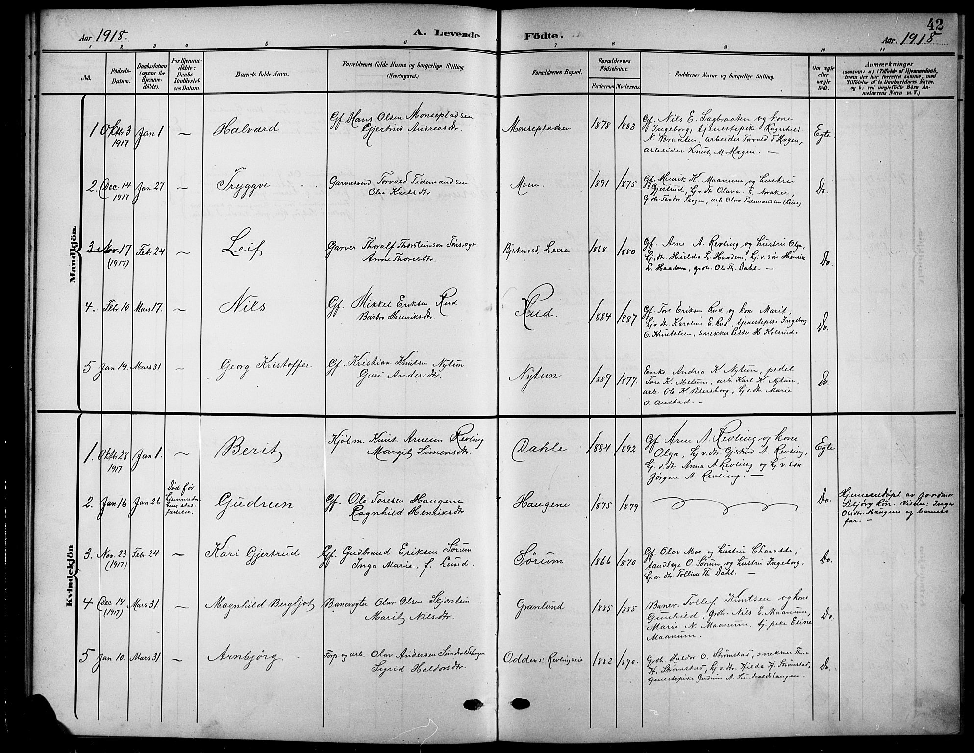 Nord-Aurdal prestekontor, SAH/PREST-132/H/Ha/Hab/L0012: Parish register (copy) no. 12, 1907-1920, p. 42