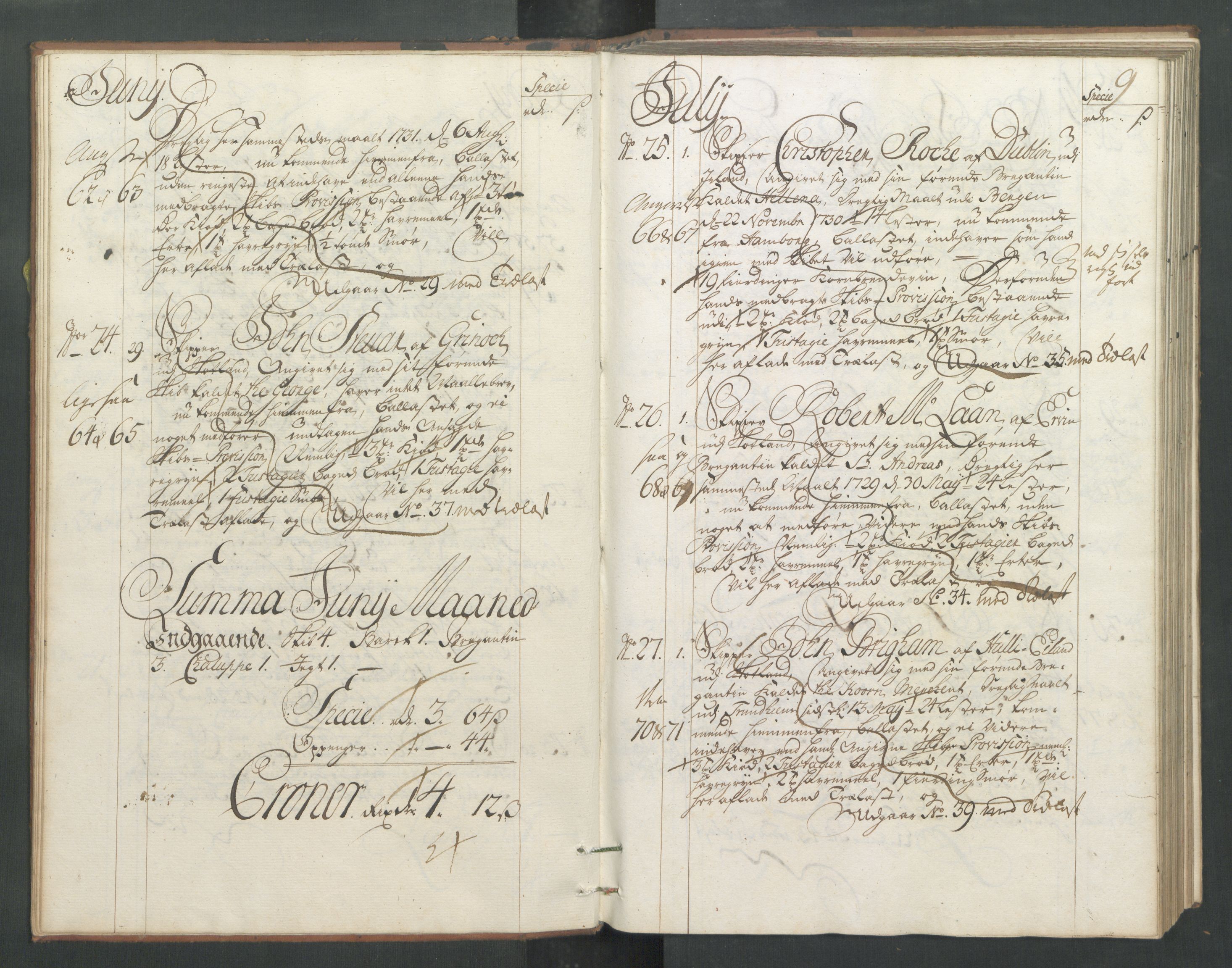 Generaltollkammeret, tollregnskaper, RA/EA-5490/R32/L0005/0001: Tollregnskaper Kristiansund / Hovedtollbok, 1733, p. 8b-9a