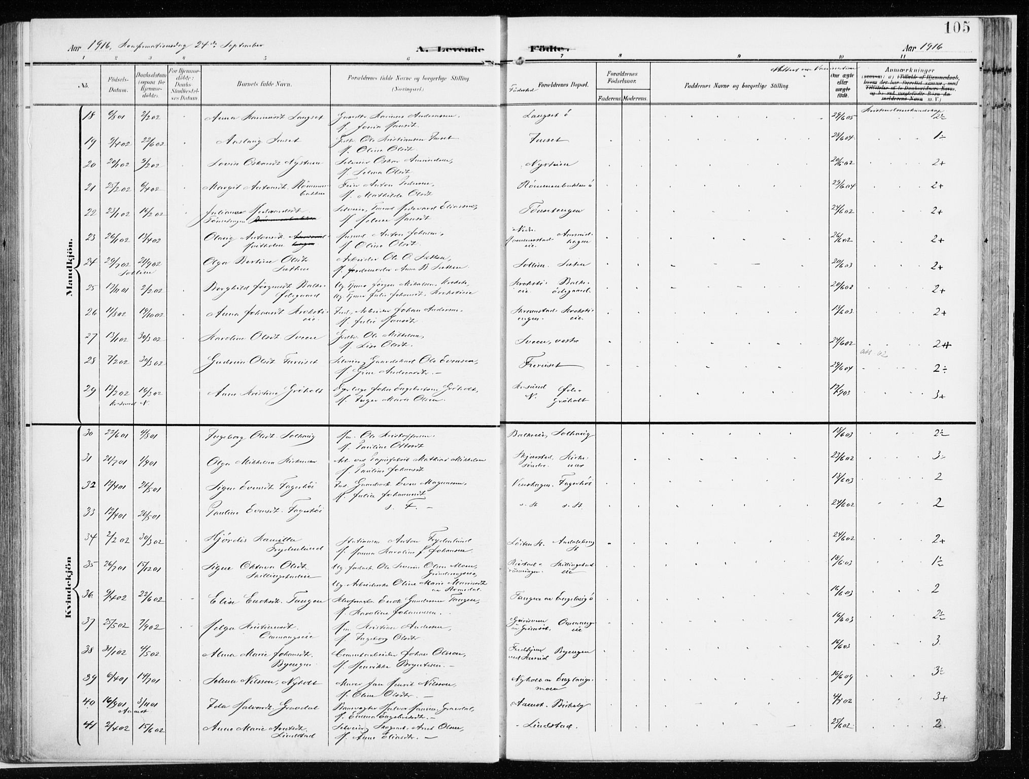 Løten prestekontor, AV/SAH-PREST-022/K/Ka/L0011: Parish register (official) no. 11, 1908-1917, p. 105
