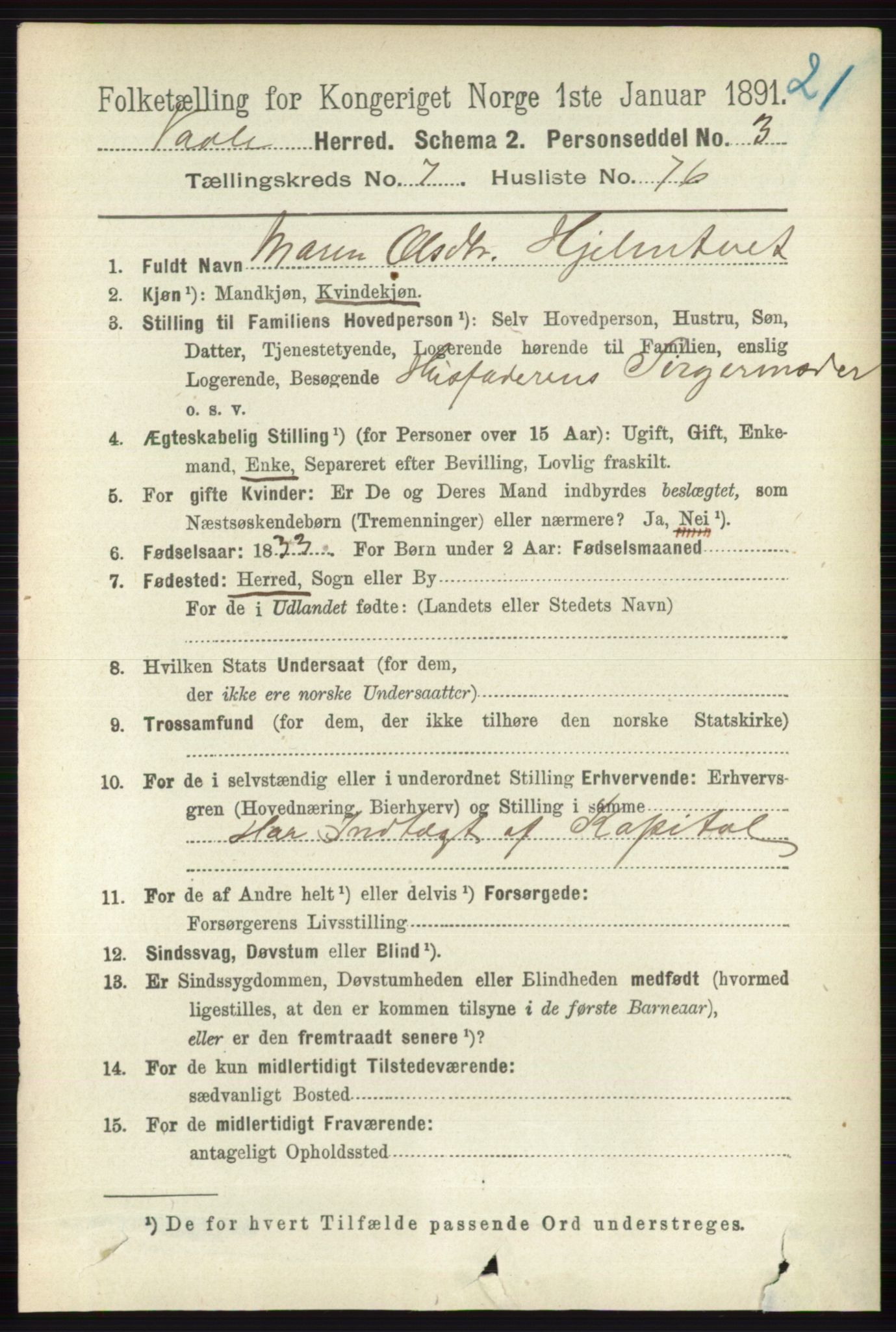 RA, 1891 census for 0716 Våle, 1891, p. 2758