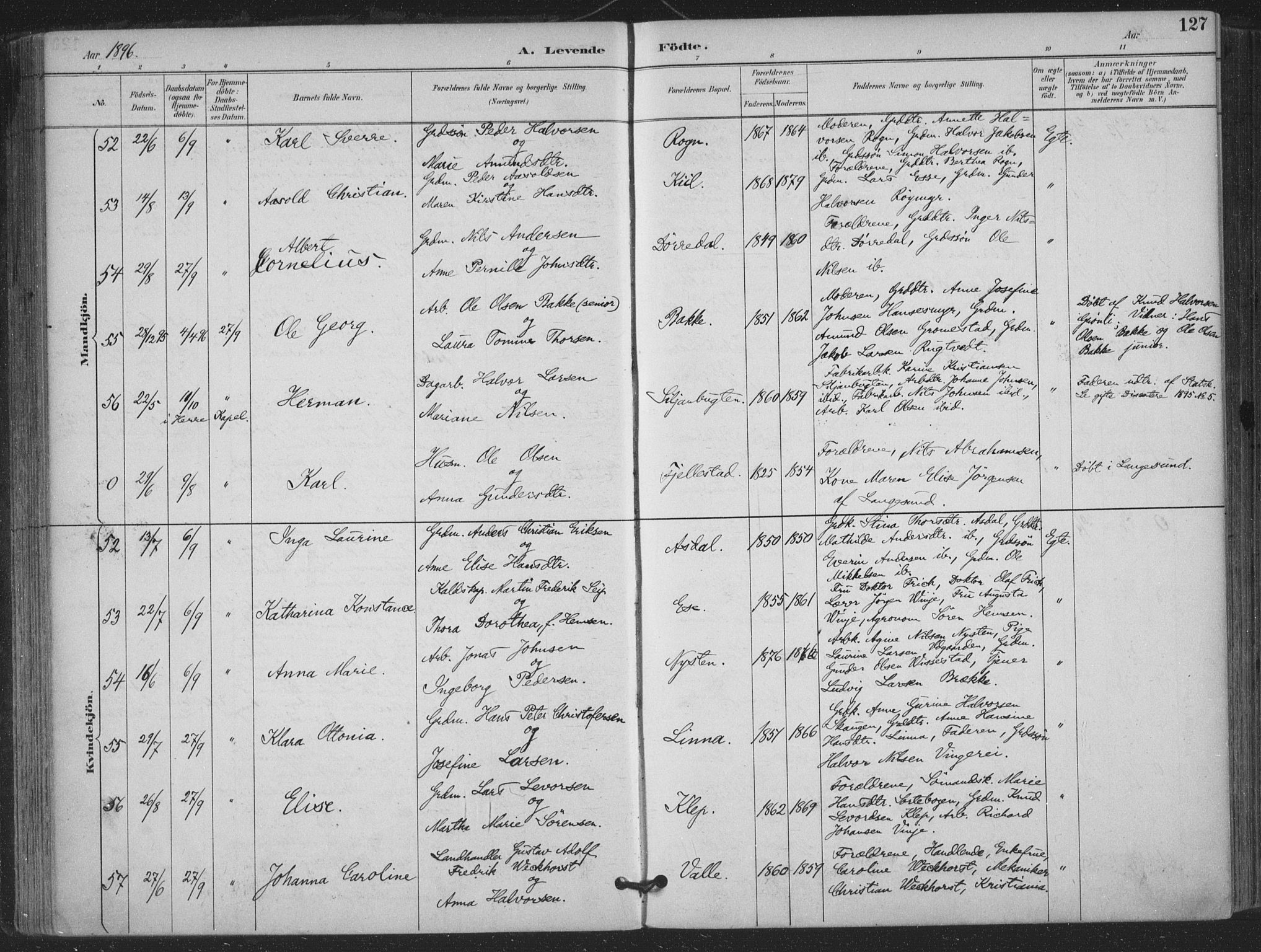 Bamble kirkebøker, AV/SAKO-A-253/F/Fa/L0008: Parish register (official) no. I 8, 1888-1900, p. 127