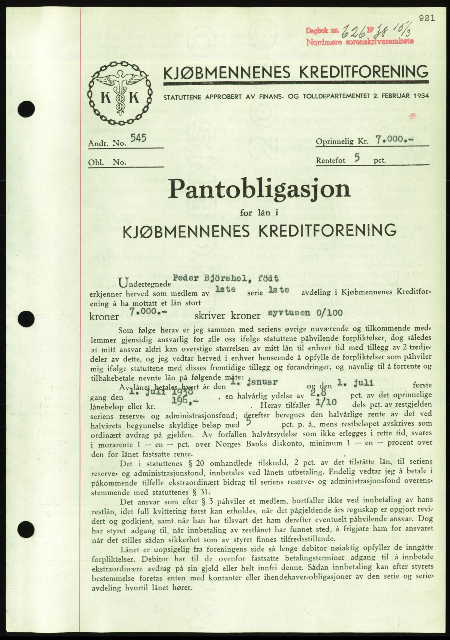 Nordmøre sorenskriveri, AV/SAT-A-4132/1/2/2Ca/L0092: Mortgage book no. B82, 1937-1938, Diary no: : 626/1938