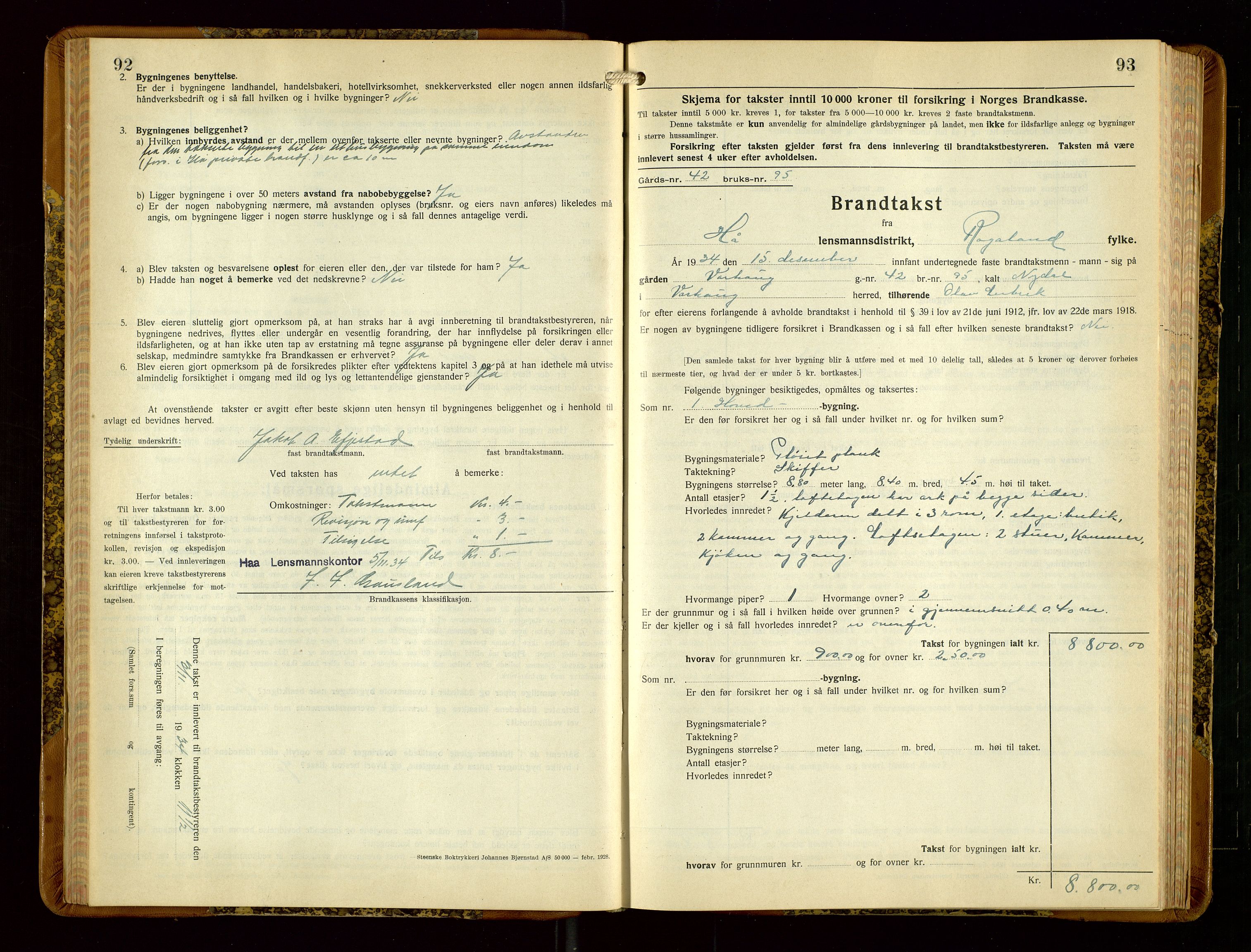 Hå lensmannskontor, AV/SAST-A-100456/Goa/L0006: Takstprotokoll (skjema), 1932-1938, p. 92-93