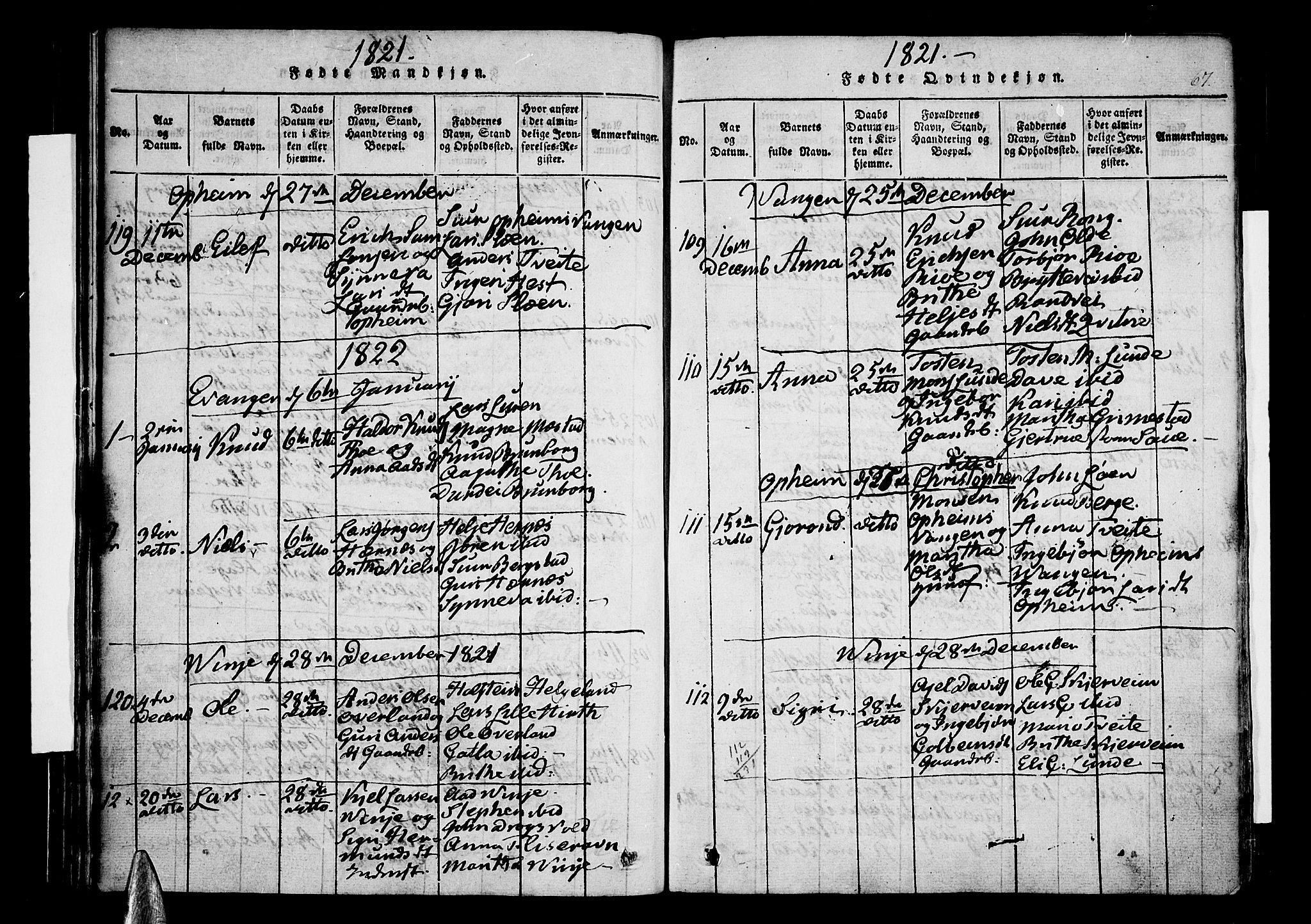 Voss sokneprestembete, AV/SAB-A-79001/H/Haa: Parish register (official) no. A 11, 1816-1827, p. 67