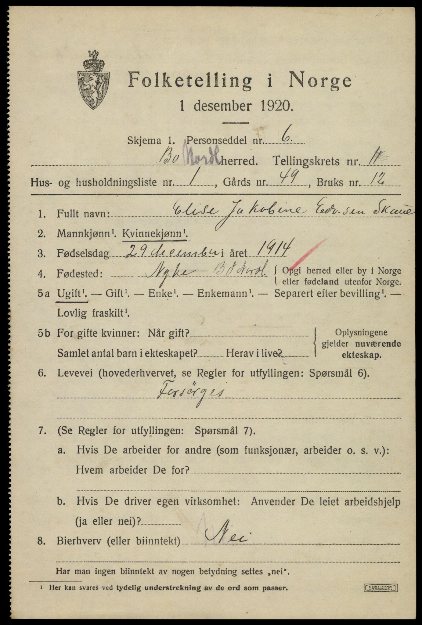 SAT, 1920 census for Bø, 1920, p. 9994