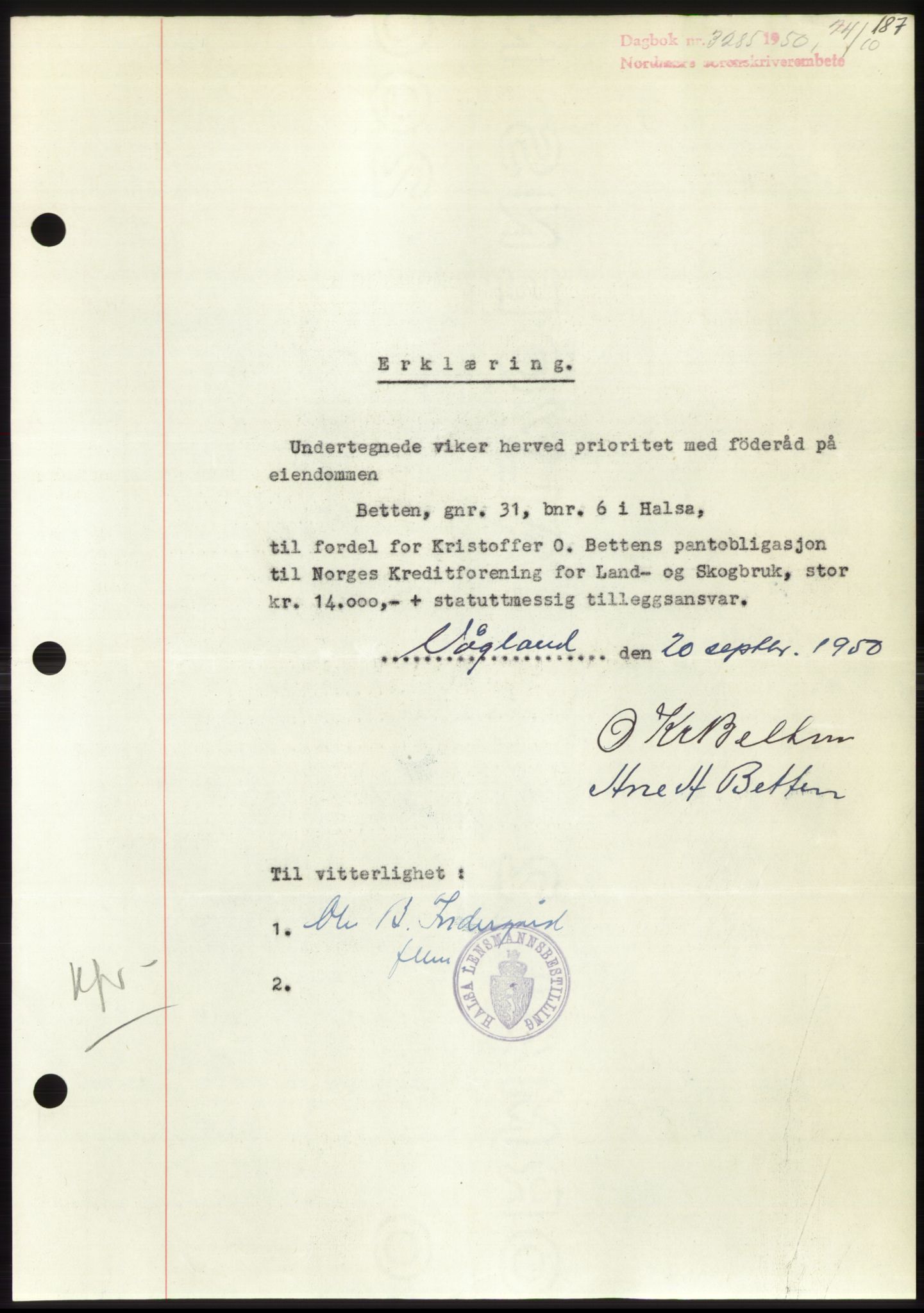 Nordmøre sorenskriveri, AV/SAT-A-4132/1/2/2Ca: Mortgage book no. B106, 1950-1950, Diary no: : 3285/1950