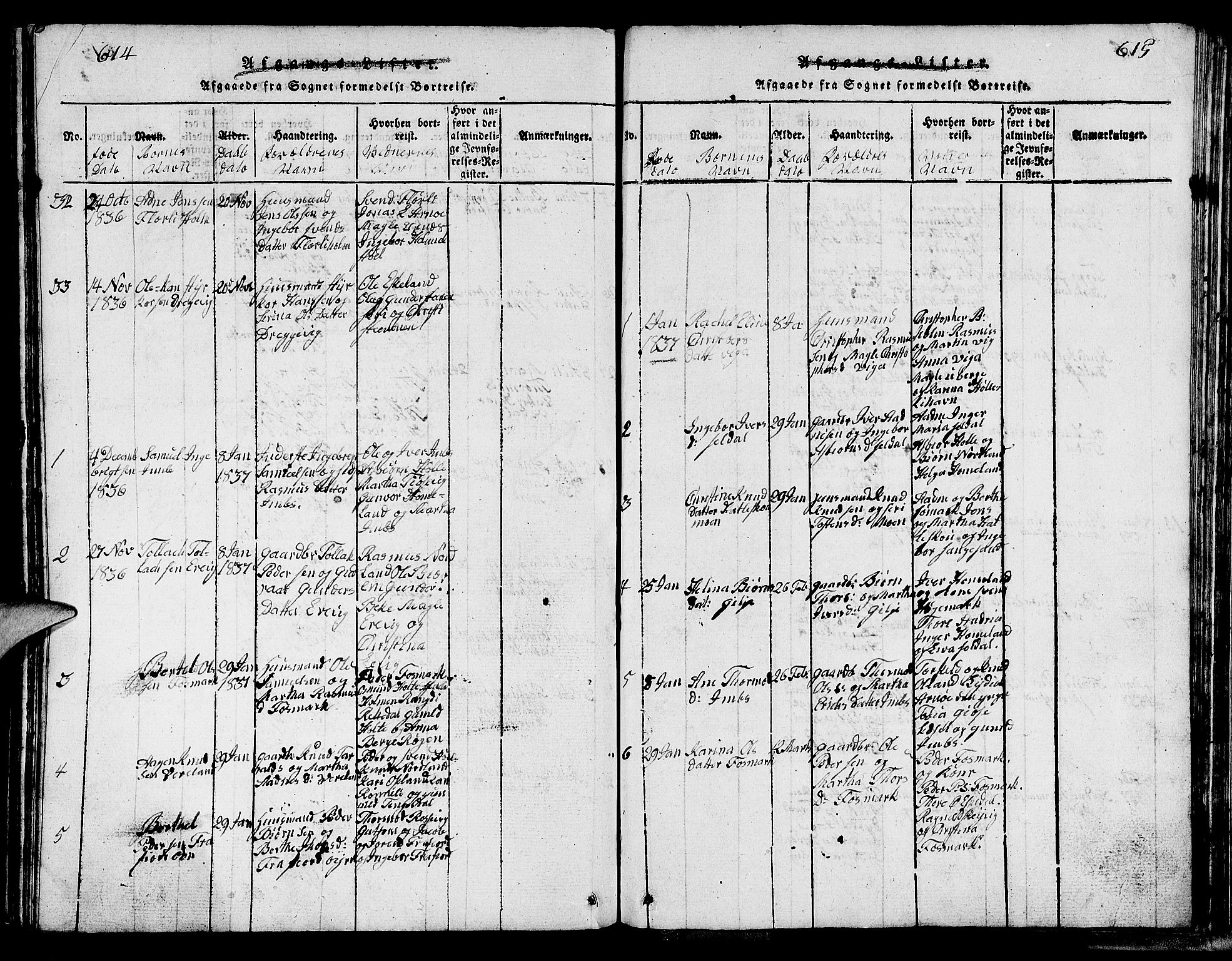 Strand sokneprestkontor, SAST/A-101828/H/Ha/Hab/L0002: Parish register (copy) no. B 2, 1816-1854, p. 614-615