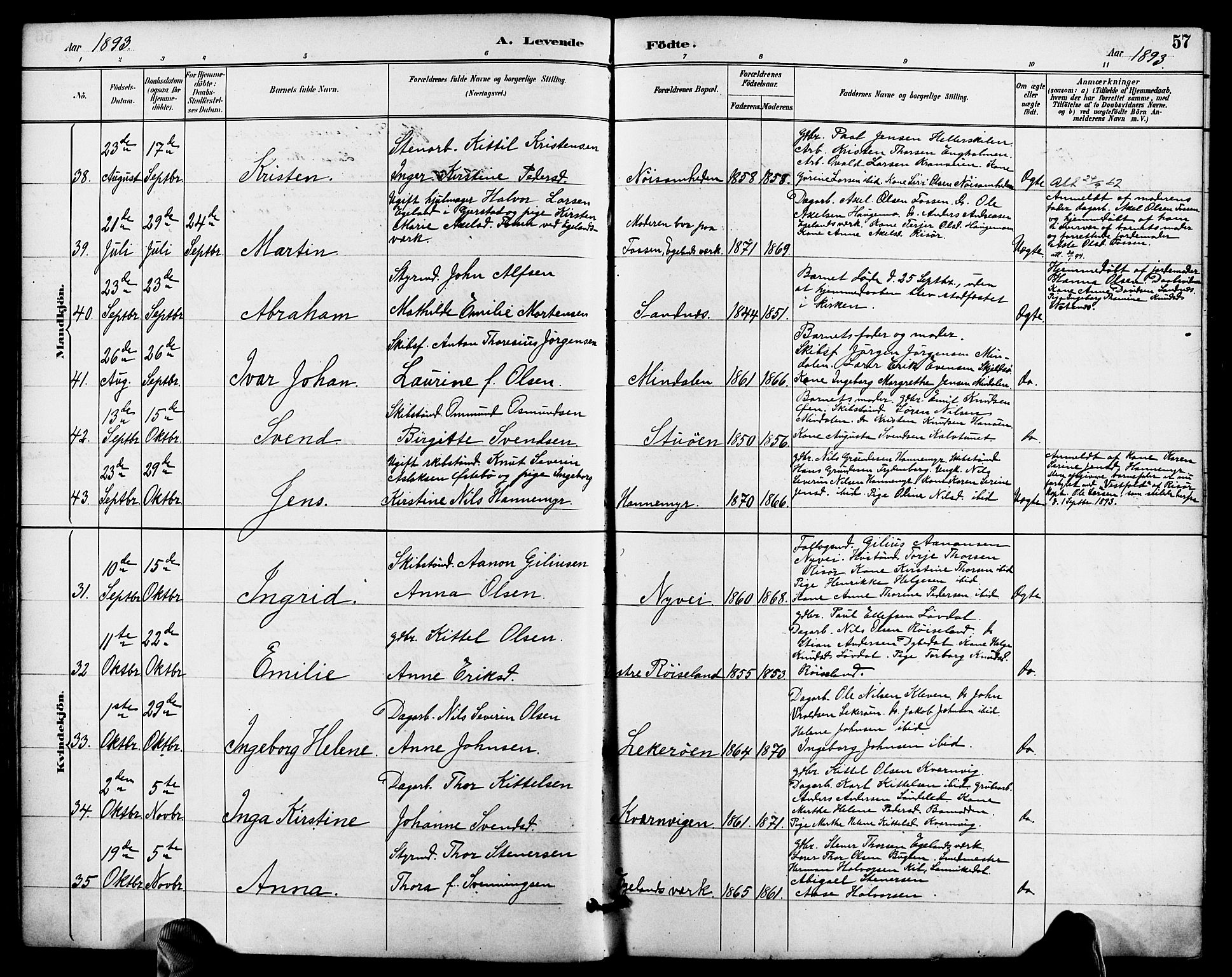 Søndeled sokneprestkontor, SAK/1111-0038/F/Fa/L0005: Parish register (official) no. A 5, 1889-1899, p. 57