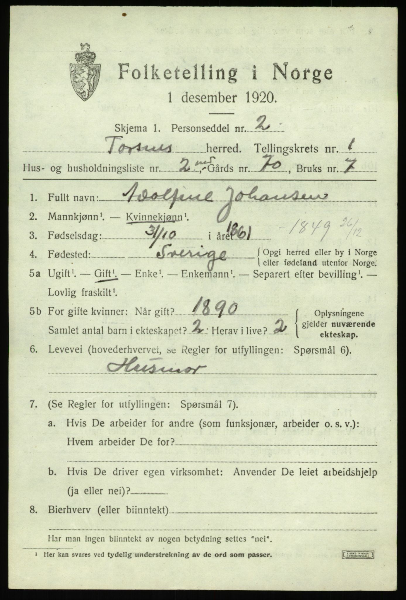 SAO, 1920 census for Torsnes, 1920, p. 491