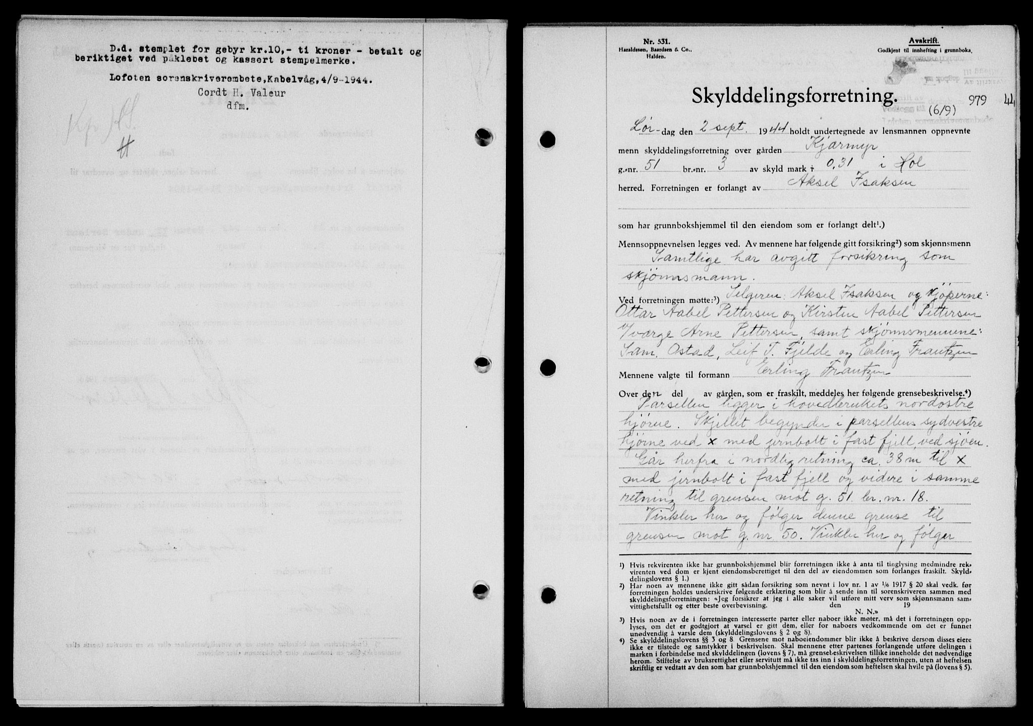 Lofoten sorenskriveri, SAT/A-0017/1/2/2C/L0012a: Mortgage book no. 12a, 1943-1944, Diary no: : 979/1944