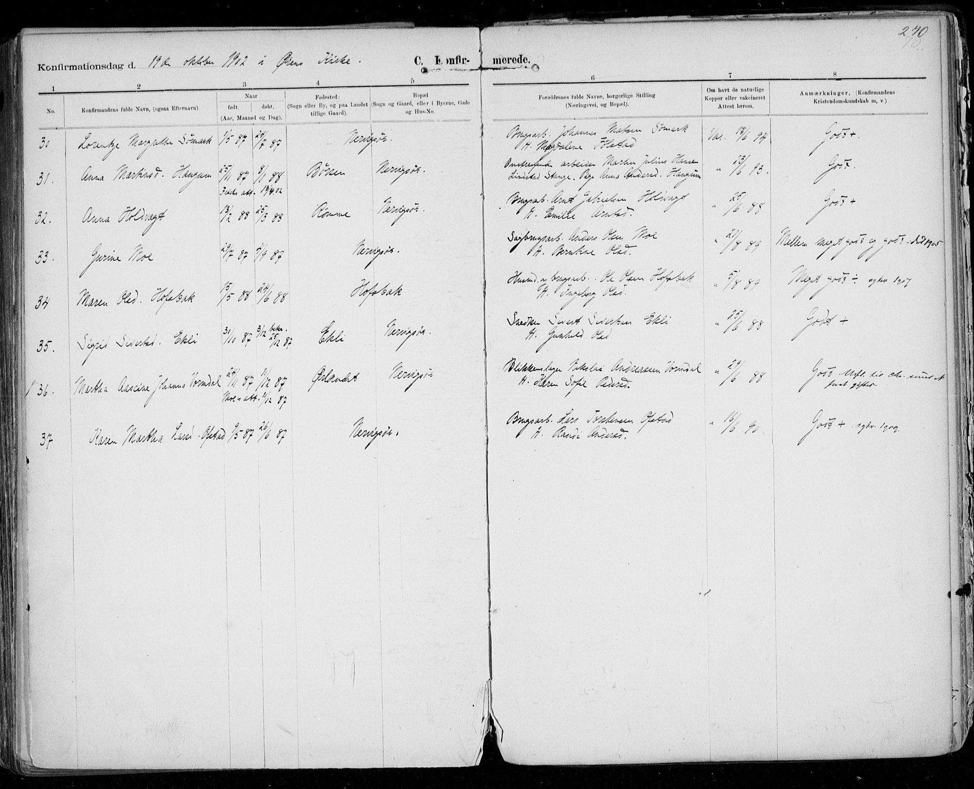 Ministerialprotokoller, klokkerbøker og fødselsregistre - Sør-Trøndelag, AV/SAT-A-1456/668/L0811: Parish register (official) no. 668A11, 1894-1913, p. 270