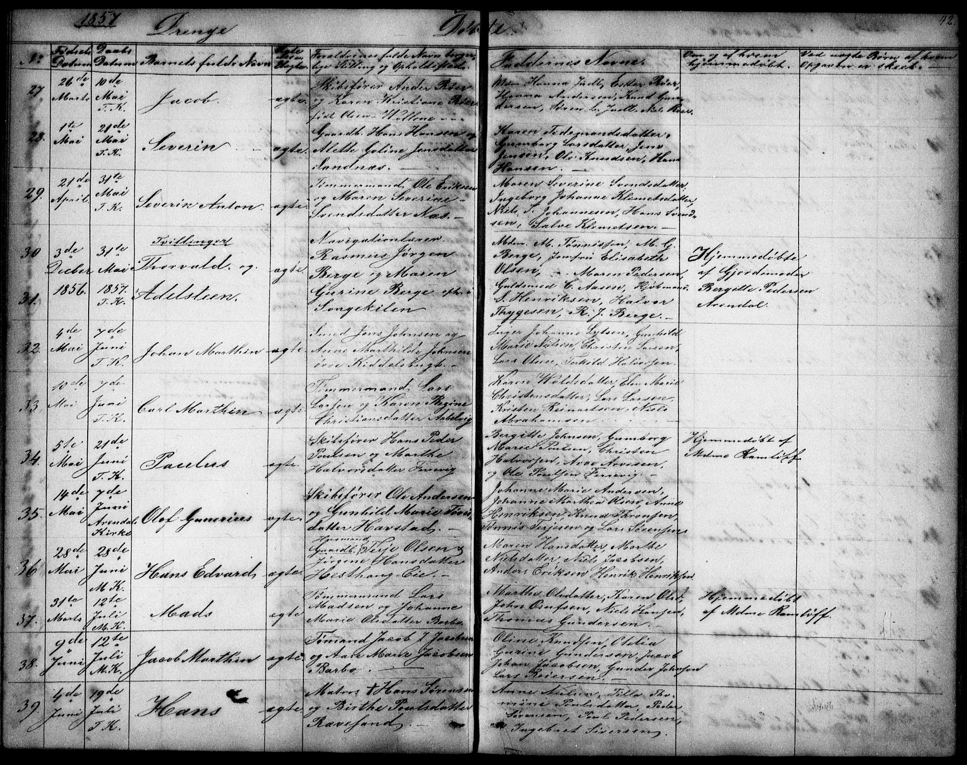 Tromøy sokneprestkontor, AV/SAK-1111-0041/F/Fb/L0002: Parish register (copy) no. B 2, 1851-1858, p. 42