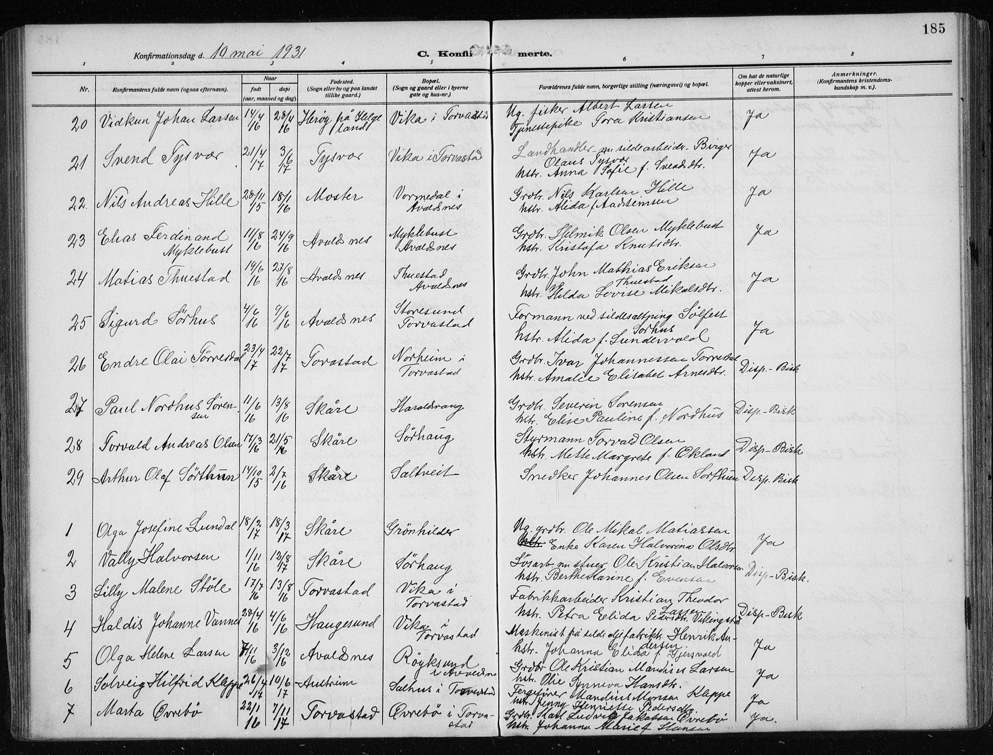 Haugesund sokneprestkontor, AV/SAST-A -101863/H/Ha/Haa/L0010: Parish register (official) no. A 10, 1909-1935, p. 185