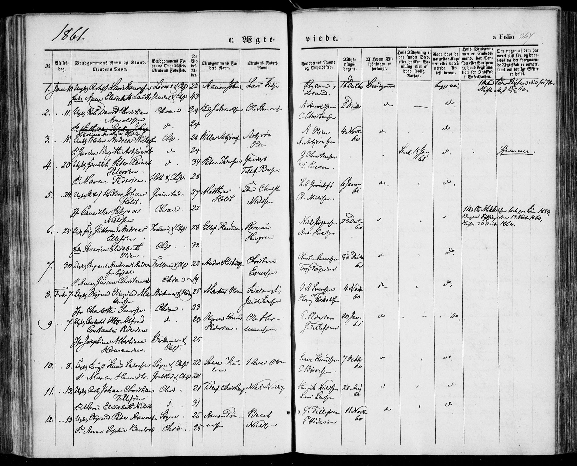 Kristiansand domprosti, SAK/1112-0006/F/Fa/L0014: Parish register (official) no. A 14, 1852-1867, p. 367