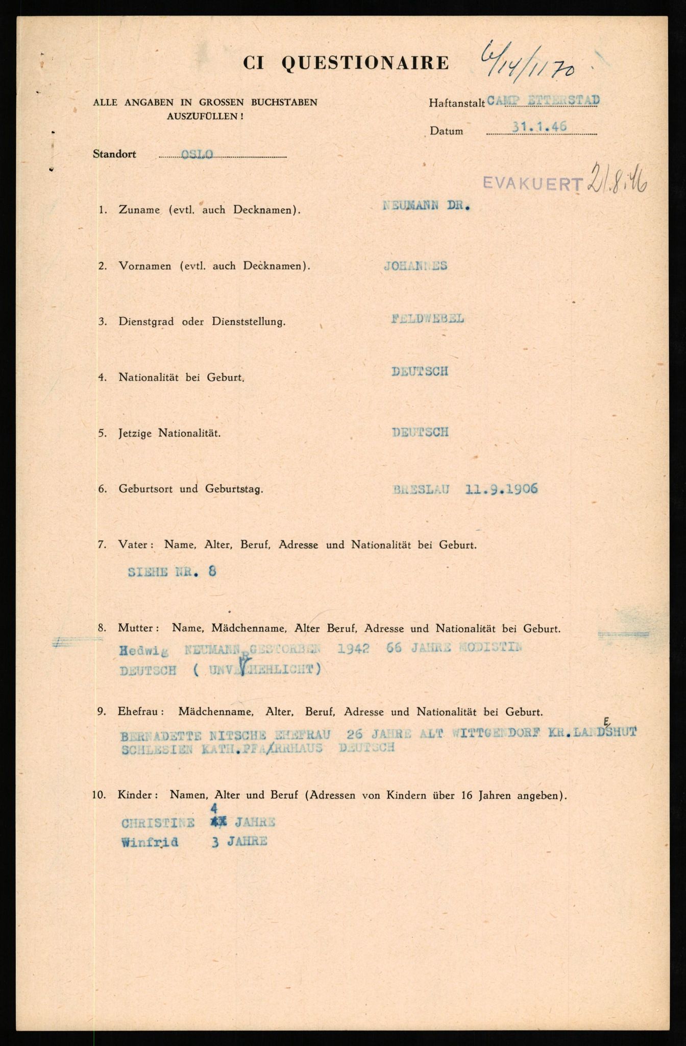 Forsvaret, Forsvarets overkommando II, AV/RA-RAFA-3915/D/Db/L0024: CI Questionaires. Tyske okkupasjonsstyrker i Norge. Tyskere., 1945-1946, p. 56