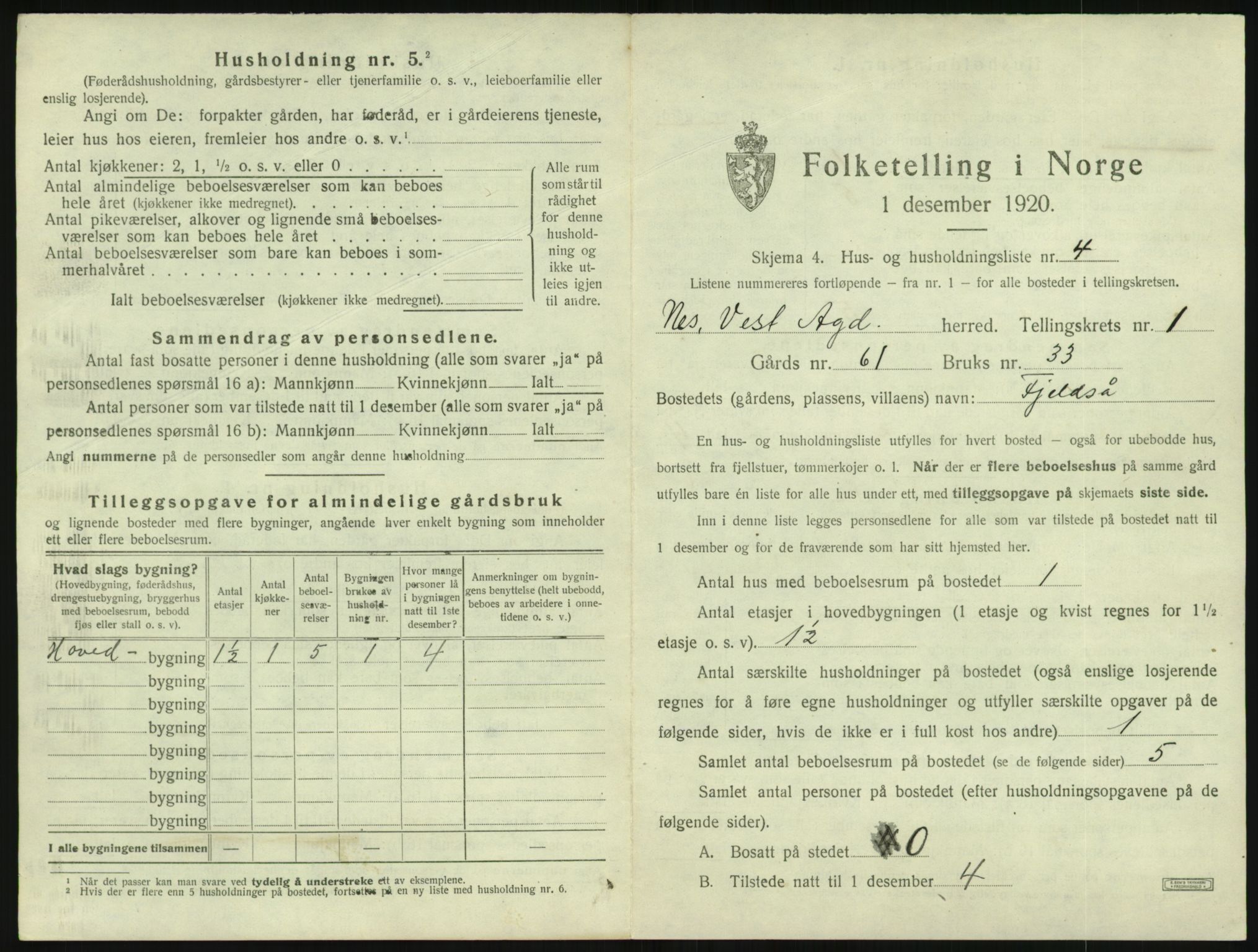 SAK, 1920 census for Nes (V-A), 1920, p. 66