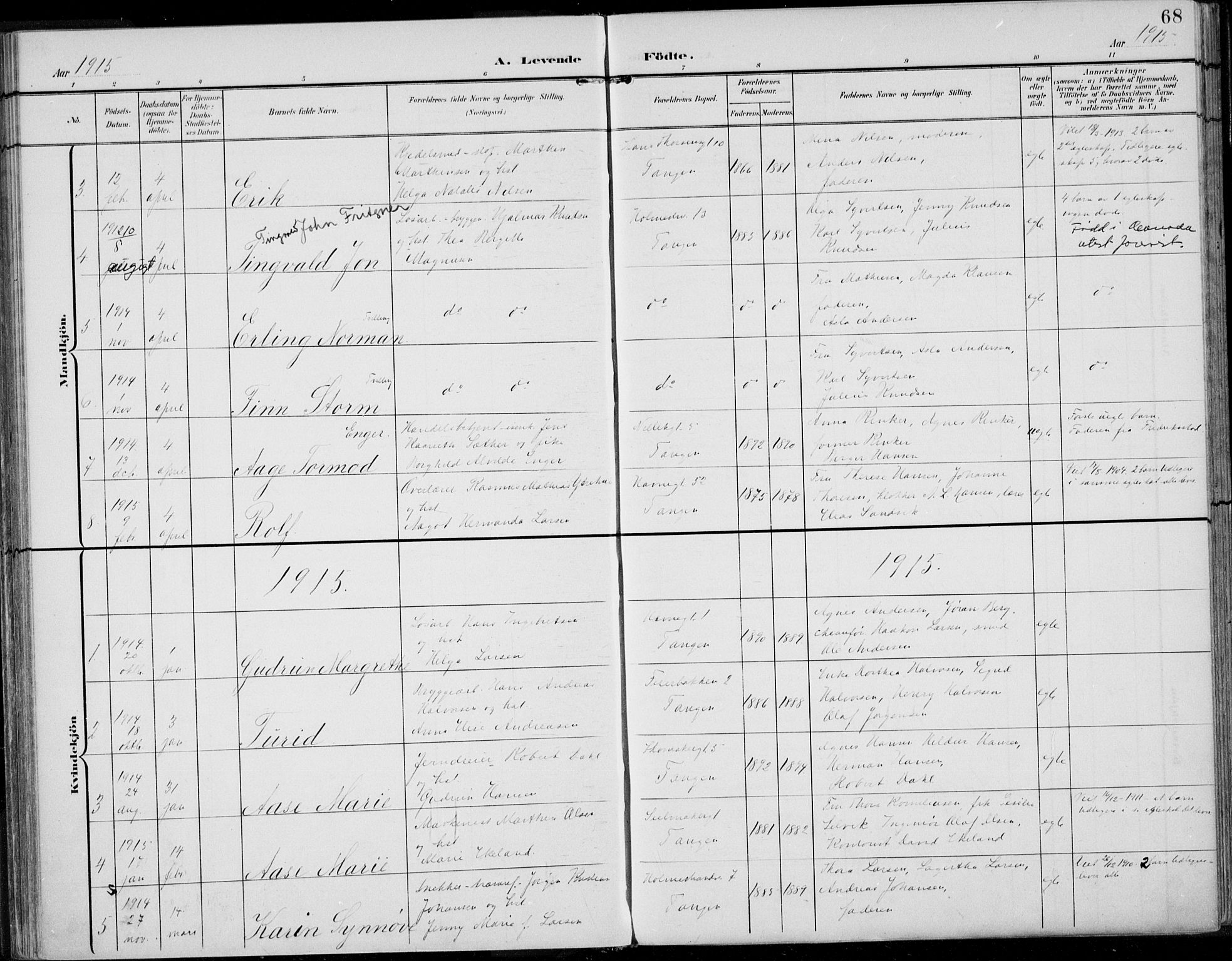 Strømsø kirkebøker, SAKO/A-246/F/Fb/L0008: Parish register (official) no. II 8, 1902-1933, p. 68