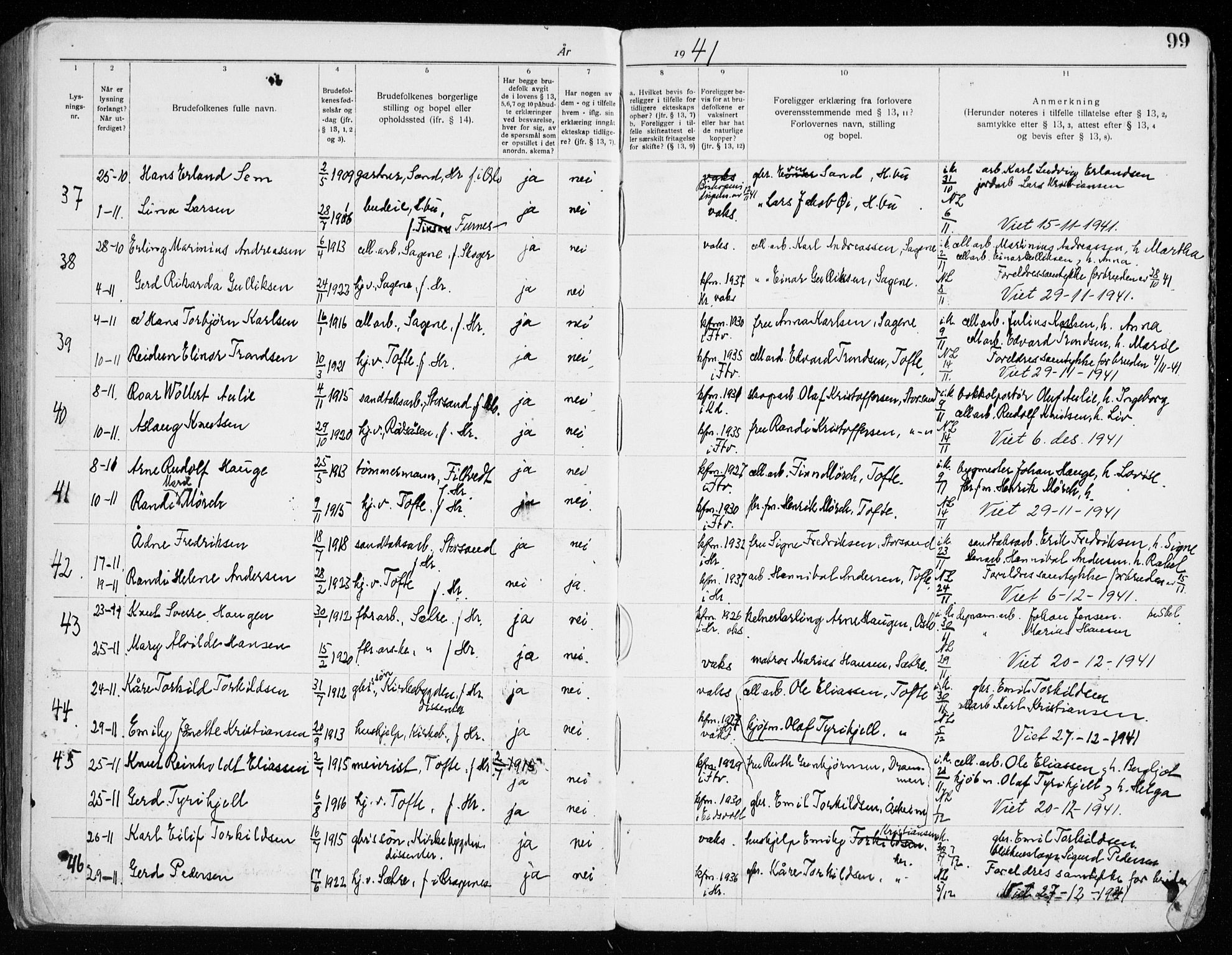 Hurum kirkebøker, AV/SAKO-A-229/H/Ha/L0001: Banns register no. 1, 1919-1941, p. 99