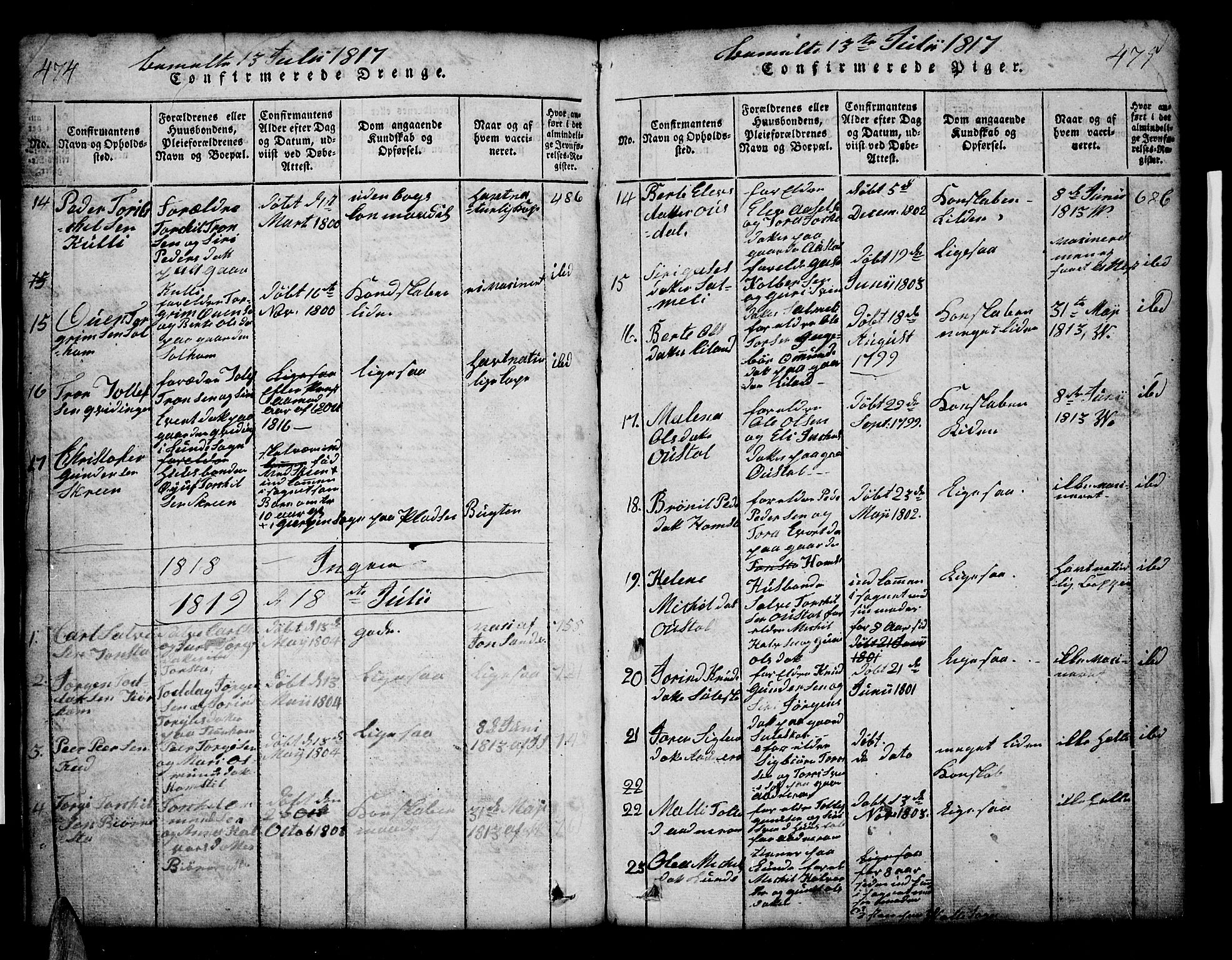Sirdal sokneprestkontor, SAK/1111-0036/F/Fb/Fbb/L0001: Parish register (copy) no. B 1, 1815-1834, p. 474-475