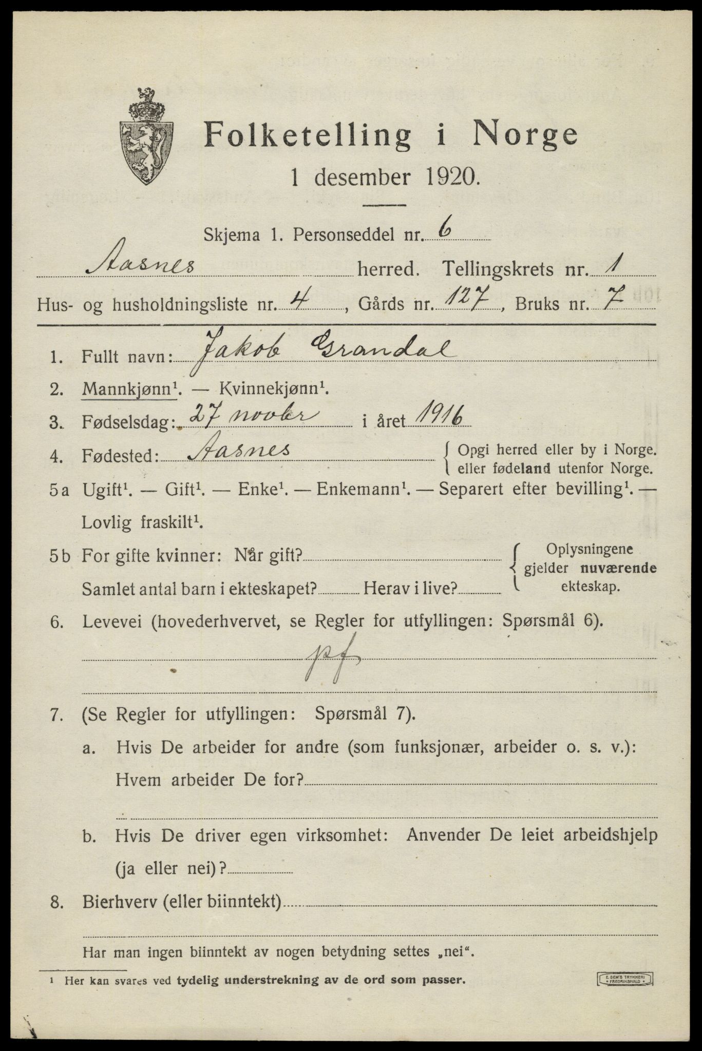 SAH, 1920 census for Åsnes, 1920, p. 2196