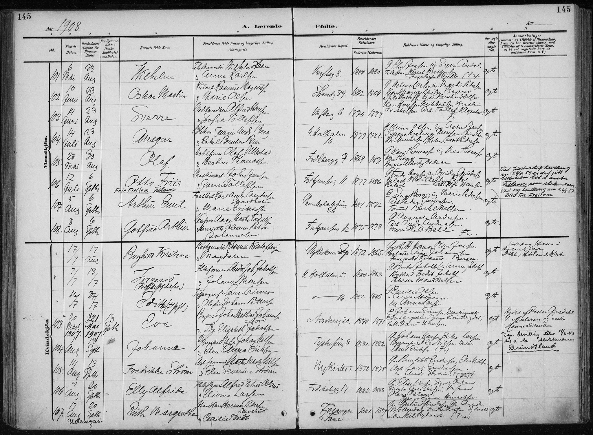 Nykirken Sokneprestembete, AV/SAB-A-77101/H/Haa/L0019: Parish register (official) no. B 7, 1904-1916, p. 145