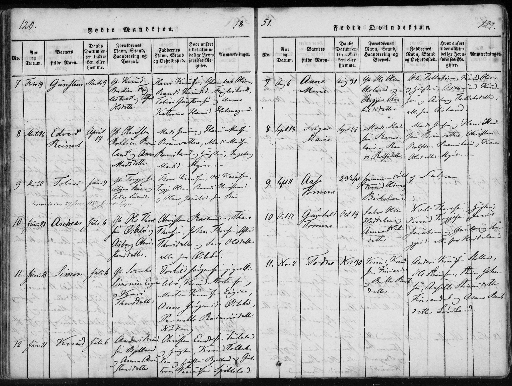 Holum sokneprestkontor, AV/SAK-1111-0022/F/Fa/Fac/L0002: Parish register (official) no. A 2, 1821-1859, p. 120-121