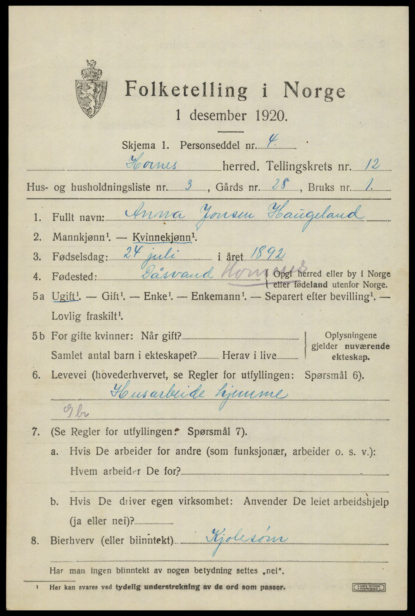 SAK, 1920 census for Hornnes, 1920, p. 2903
