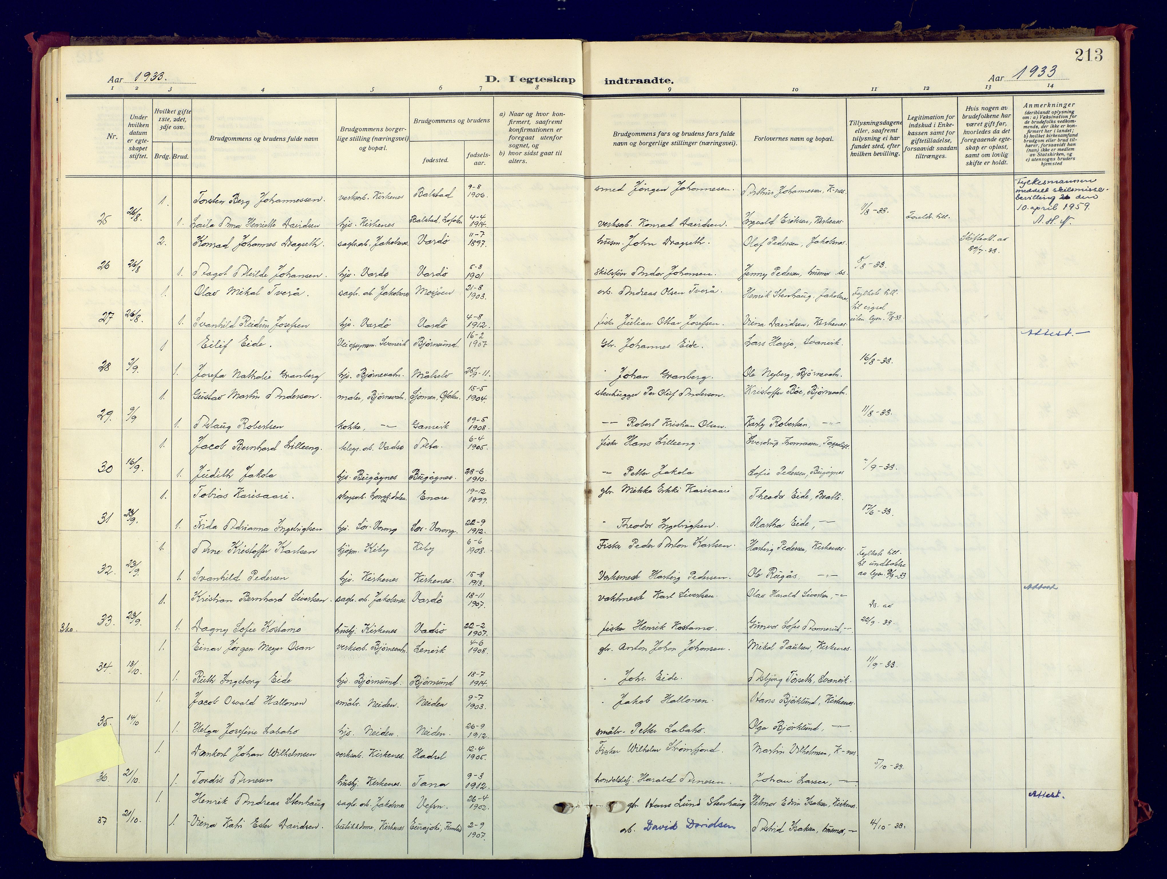 Sør-Varanger sokneprestkontor, AV/SATØ-S-1331/H/Ha/L0007kirke: Parish register (official) no. 7, 1927-1937, p. 213