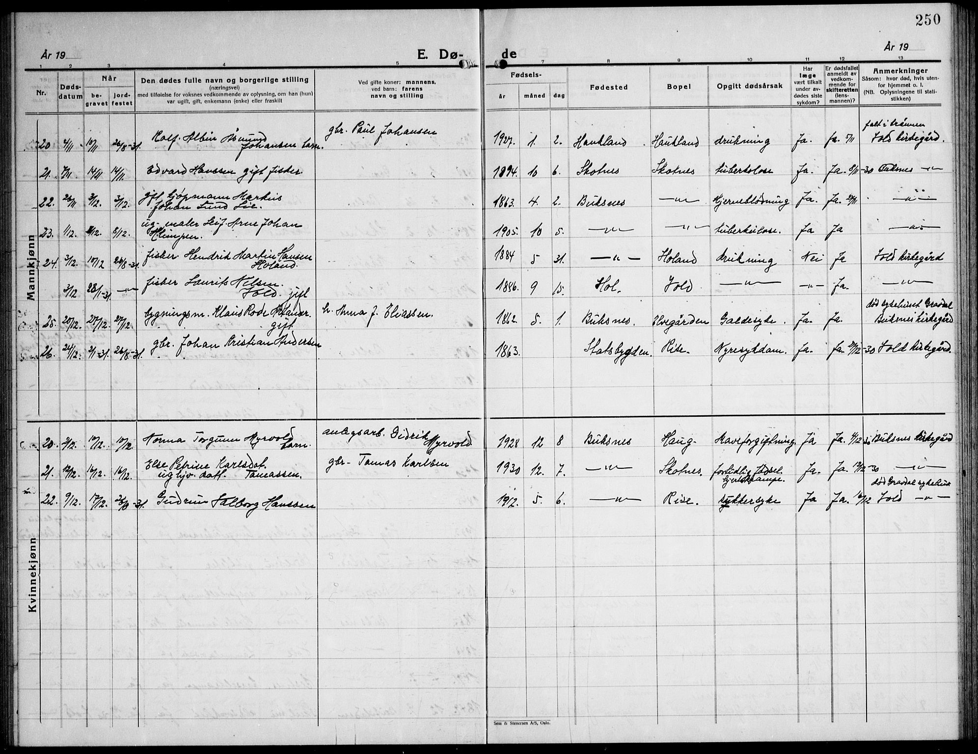 Ministerialprotokoller, klokkerbøker og fødselsregistre - Nordland, AV/SAT-A-1459/881/L1170: Parish register (copy) no. 881C07, 1930-1943, p. 250