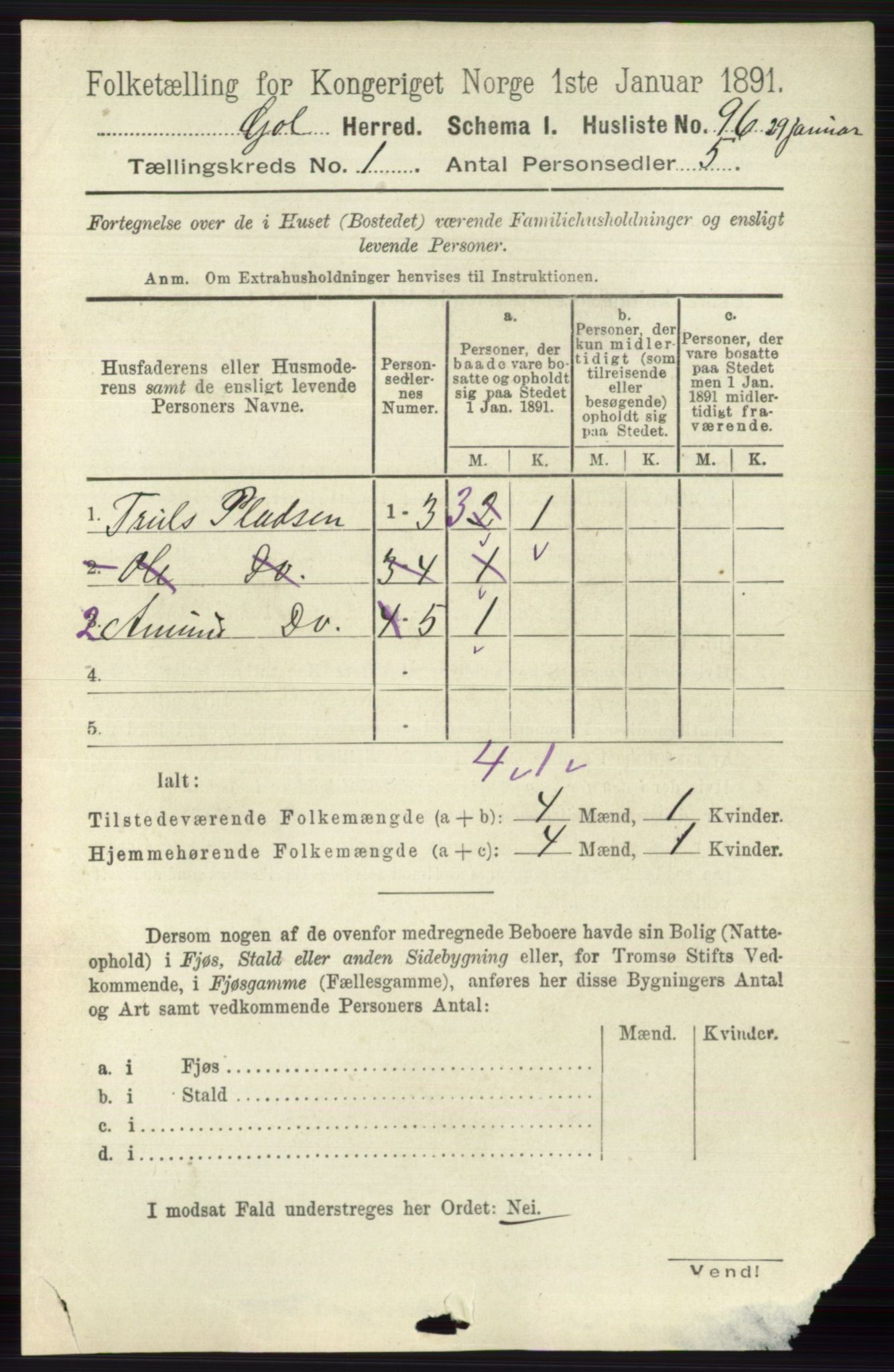 RA, 1891 census for 0617 Gol og Hemsedal, 1891, p. 123